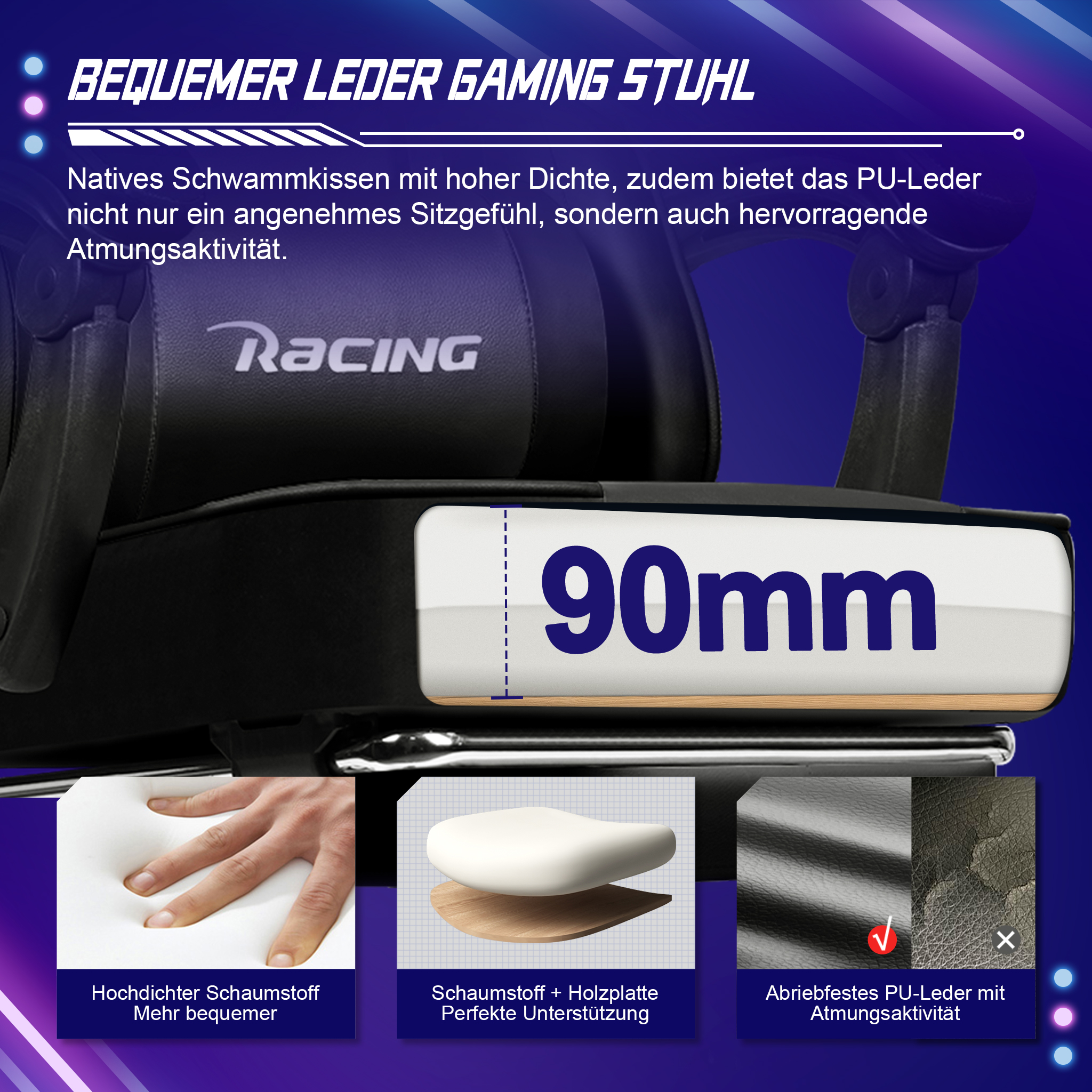 Gaming-Stuhl mit 90mm Schaumstoffkissen und atmungsaktivem PU-Leder, mit drei Detailgrafiken unten.