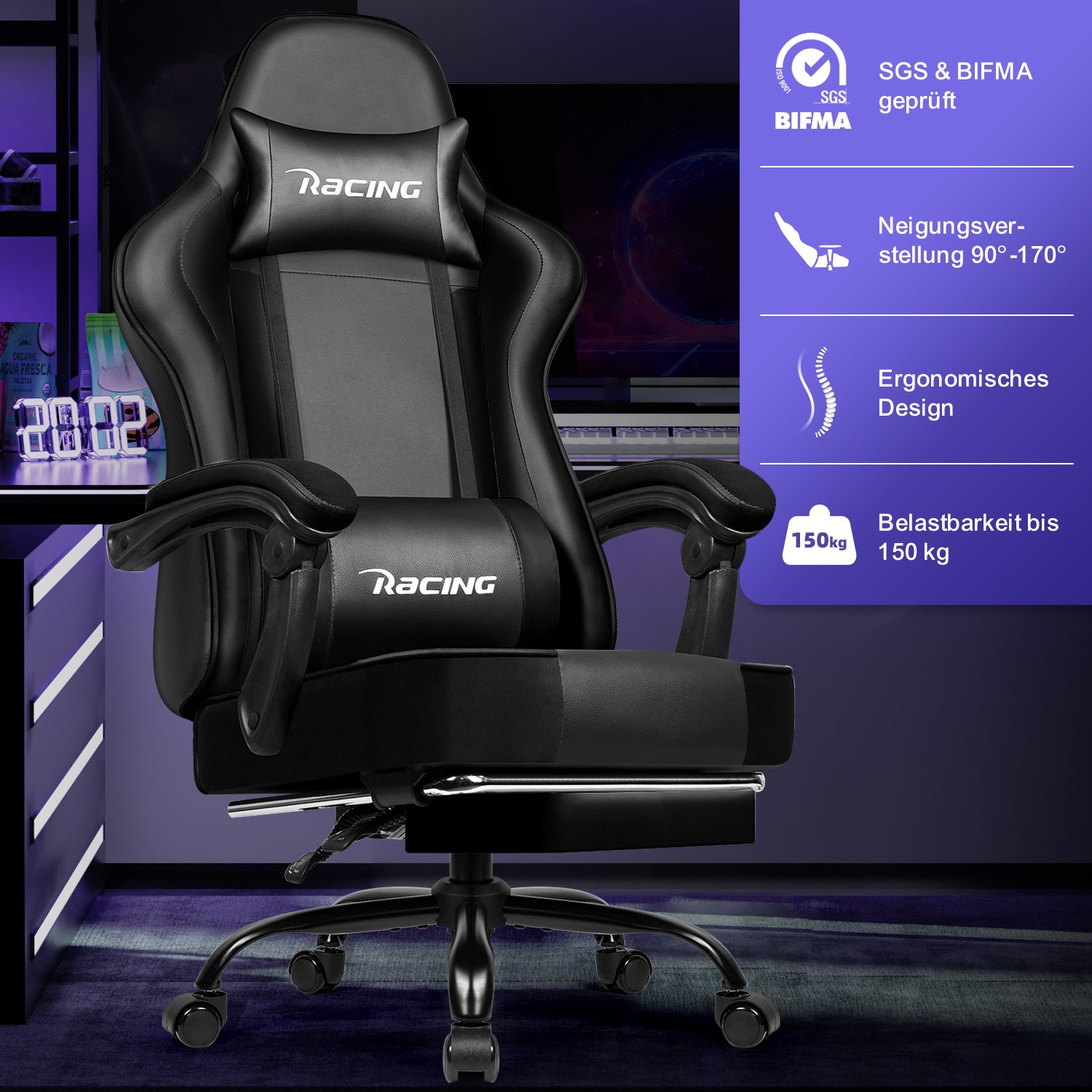 Schwarzer Racing-Gaming-Stuhl mit Kopfstütze, Kissen und blauer Infotafel.