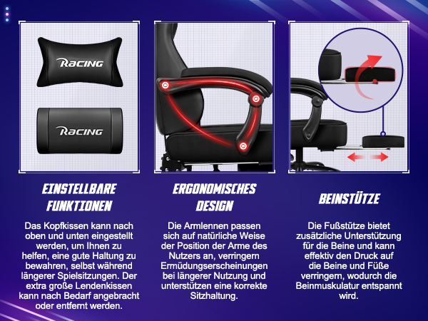 Eigenschaften eines Gaming-Stuhls mit Kissen, verstellbaren Armlehnen und Beinstütze auf blauem Hintergrund.