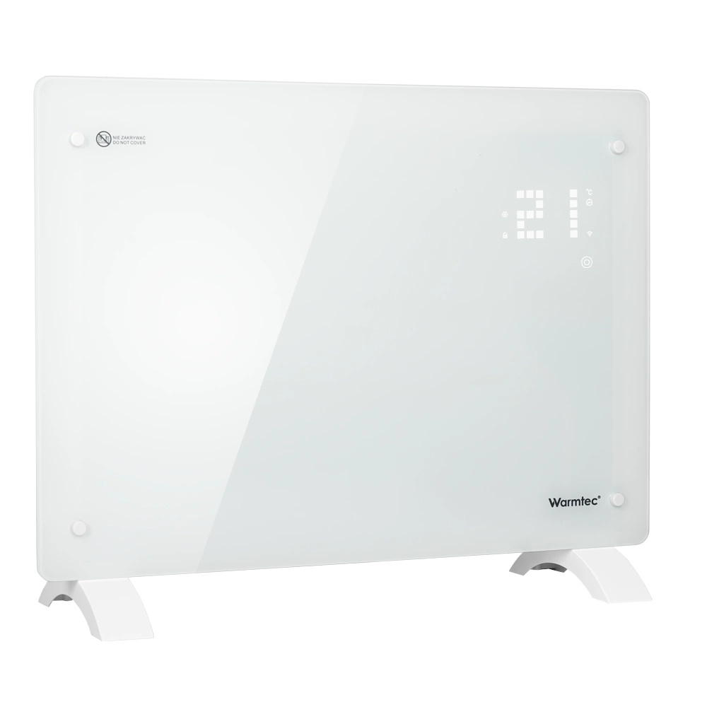 Biały grzejnik szklany Warmtec z cyfrowym wyświetlaczem i nóżkami na białym tle.