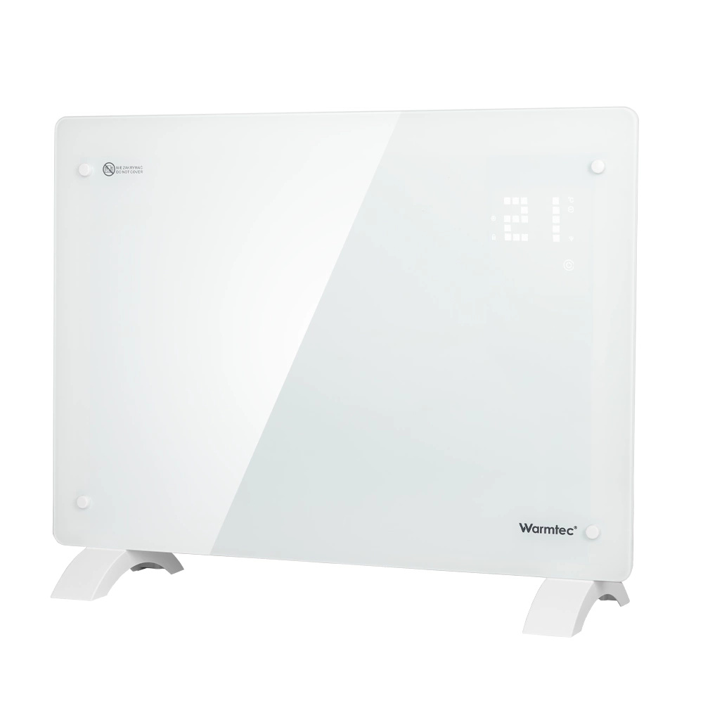 Biały, szklany grzejnik konwektorowy z cyfrowym panelem i logo Warmtec na nóżkach, na białym tle.