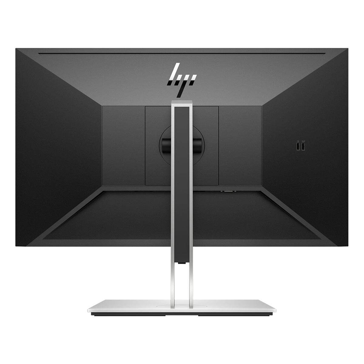 Widok z tyłu czarnego monitora HP ze srebrną podstawą na białym tle.