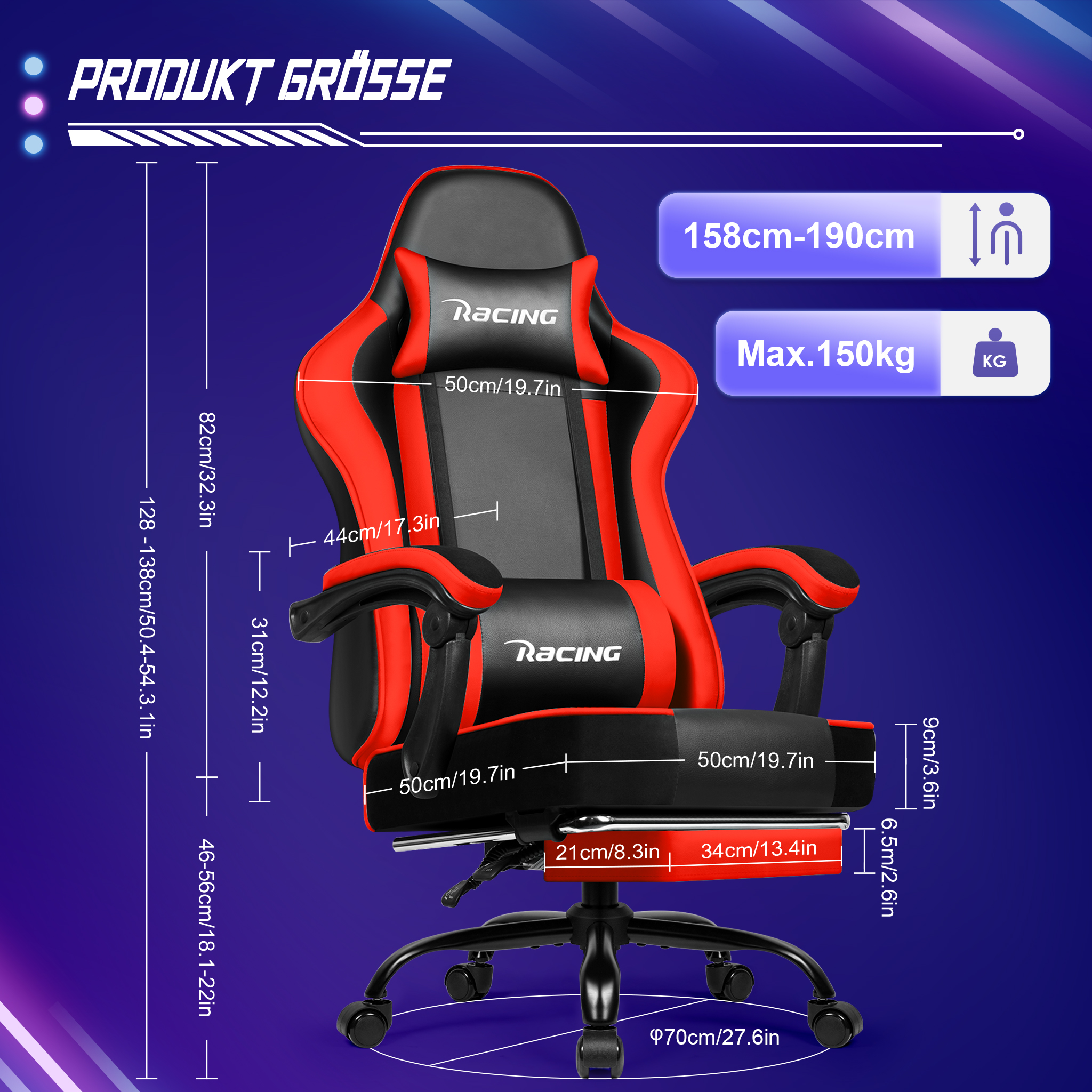 Diagramm zeigt die Maße eines rot-schwarzen Gaming-Stuhls auf blauem Hintergrund.