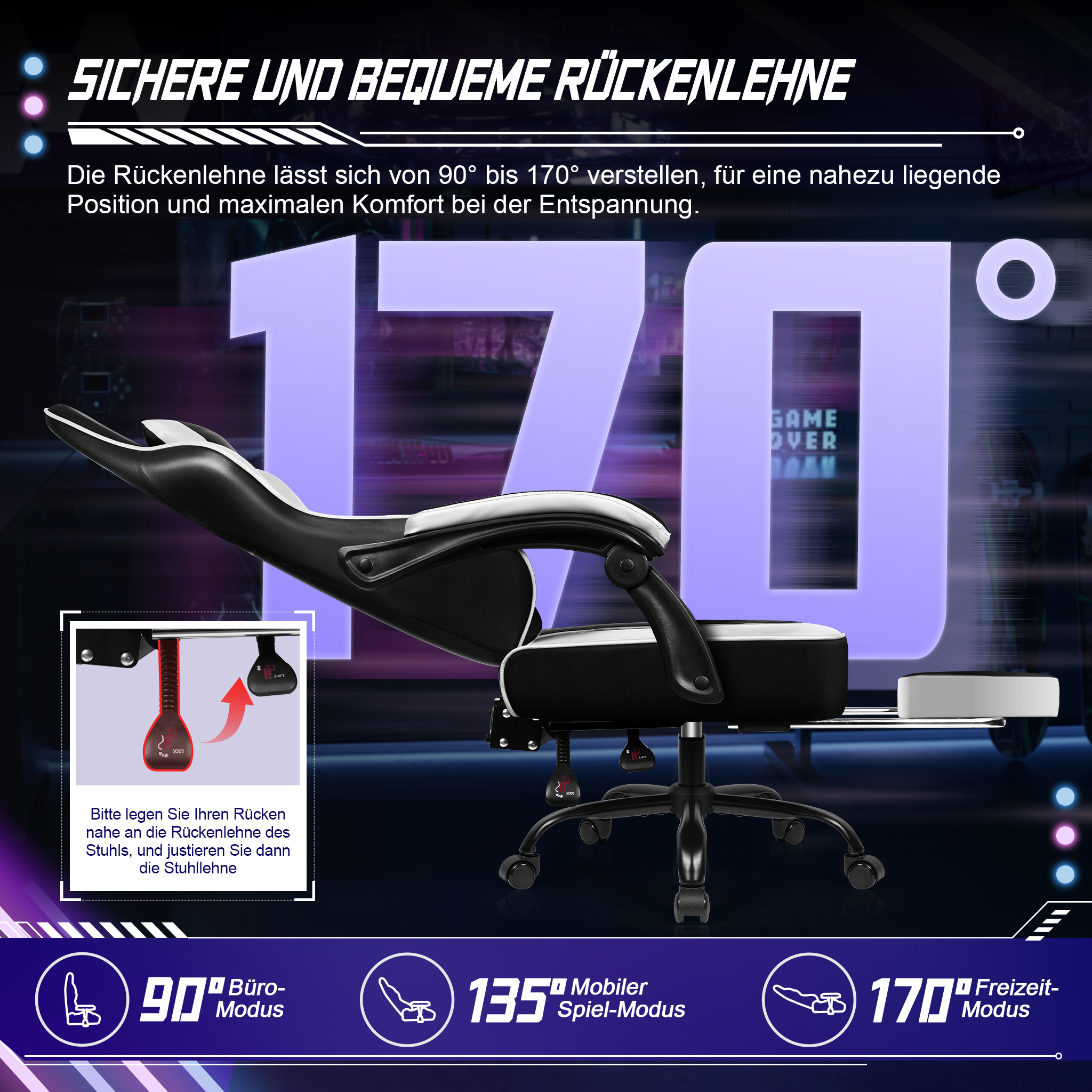 Ein schwarz-weißer Gaming-Stuhl mit verstellbarer Rückenlehne bis 170 Grad.