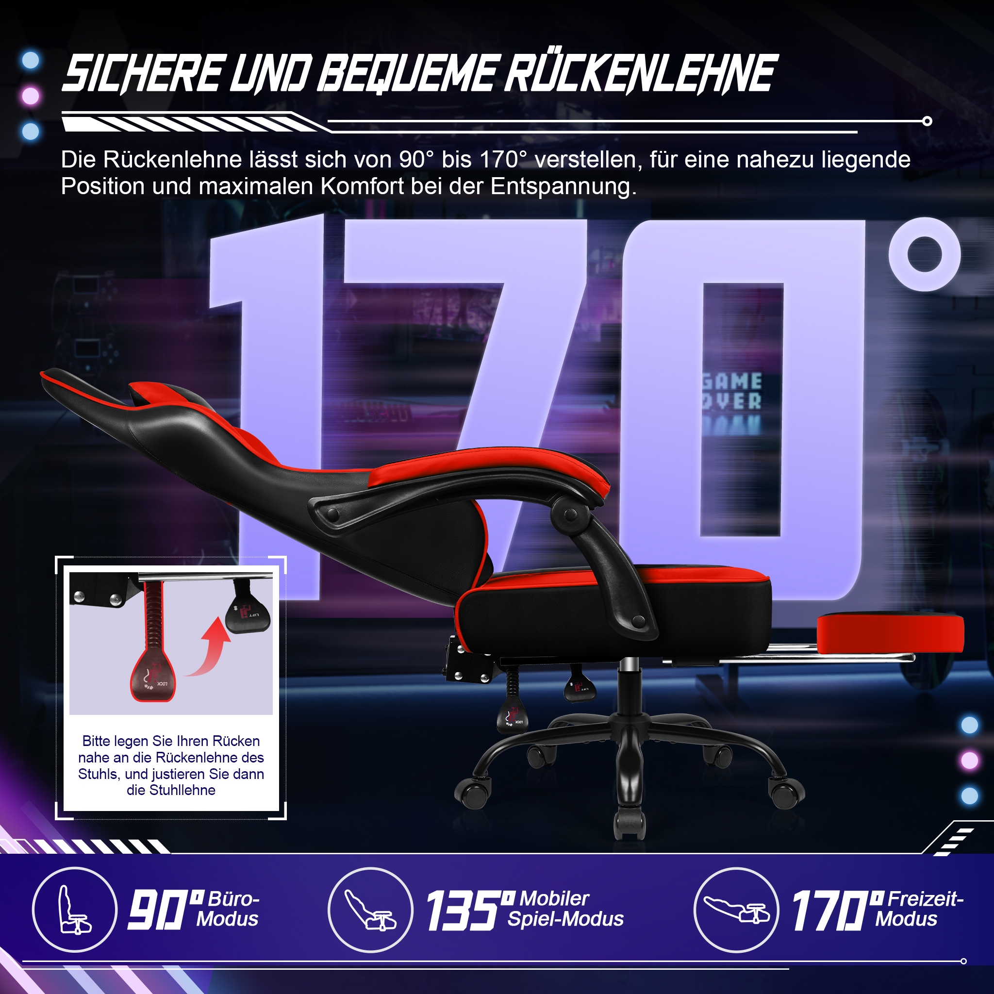 Rot-schwarzer Gaming-Stuhl mit bis zu 170 Grad neigbarer Rückenlehne und Fußstütze.