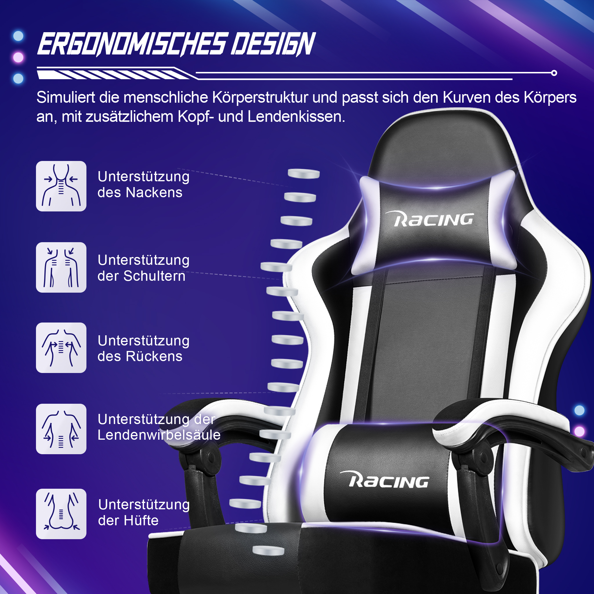 Ergonomischer Schwarz-Weiß-Gaming-Stuhl mit Kopf- und Lendenkissen zur Körperunterstützung.