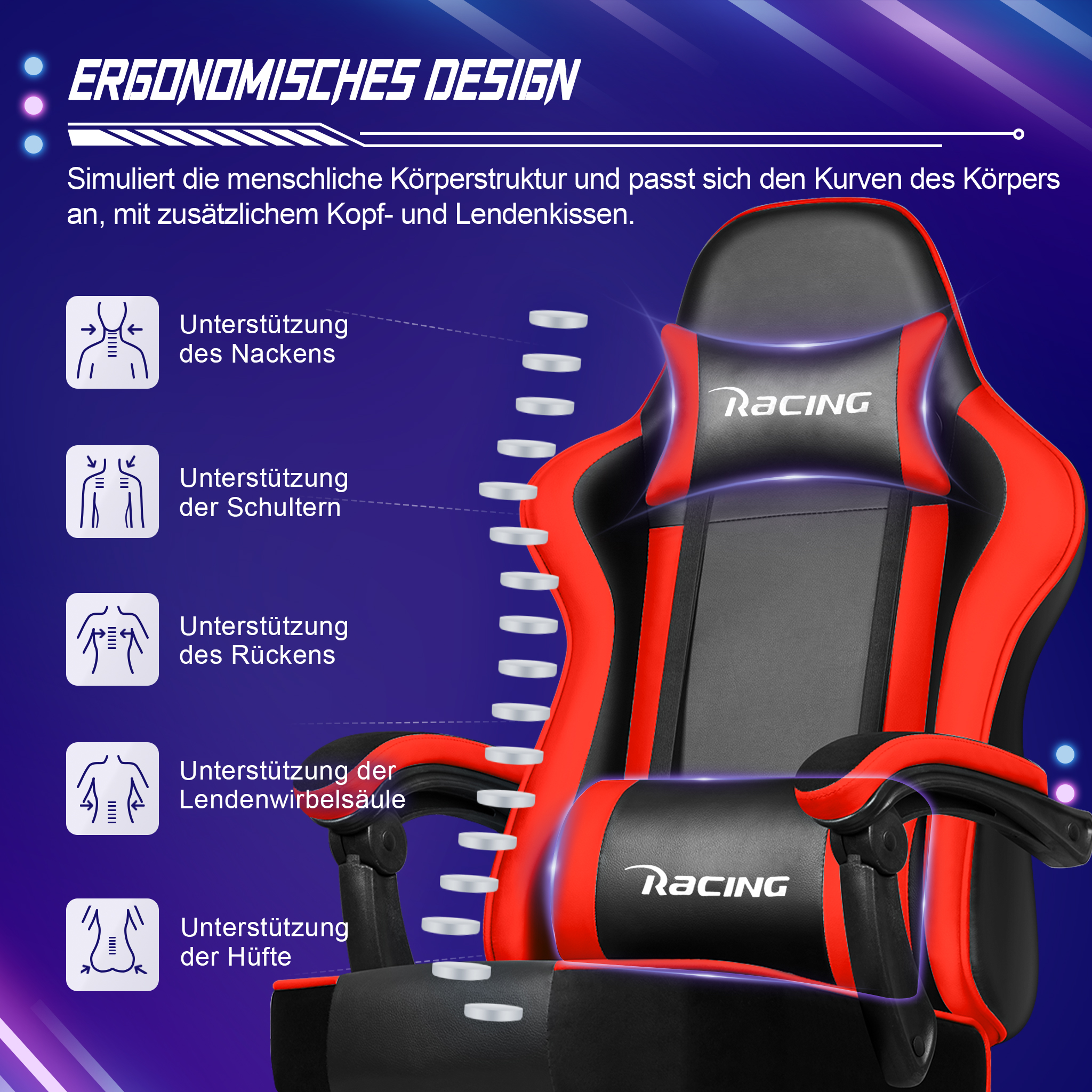 Rot-schwarzer Gaming-Stuhl mit ergonomischem Design sowie Kopf- und Lendenkissen.