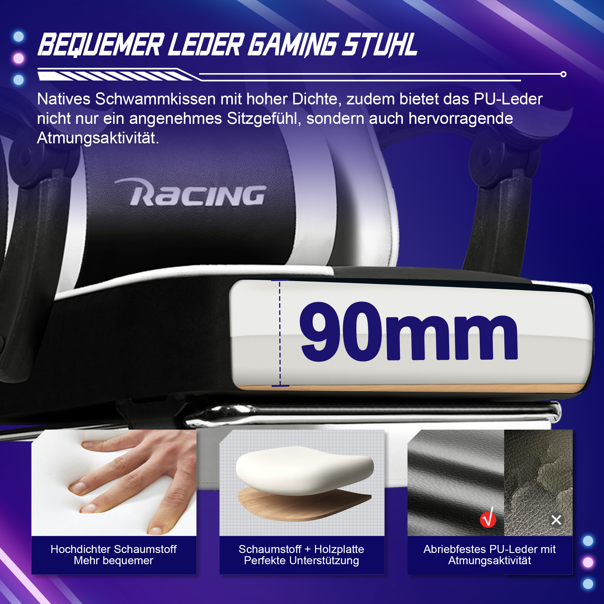 Gaming-Stuhl mit 90mm Schaumstoffkissen, hoher Dichte und atmungsaktivem PU-Leder auf blauem Hintergrund.