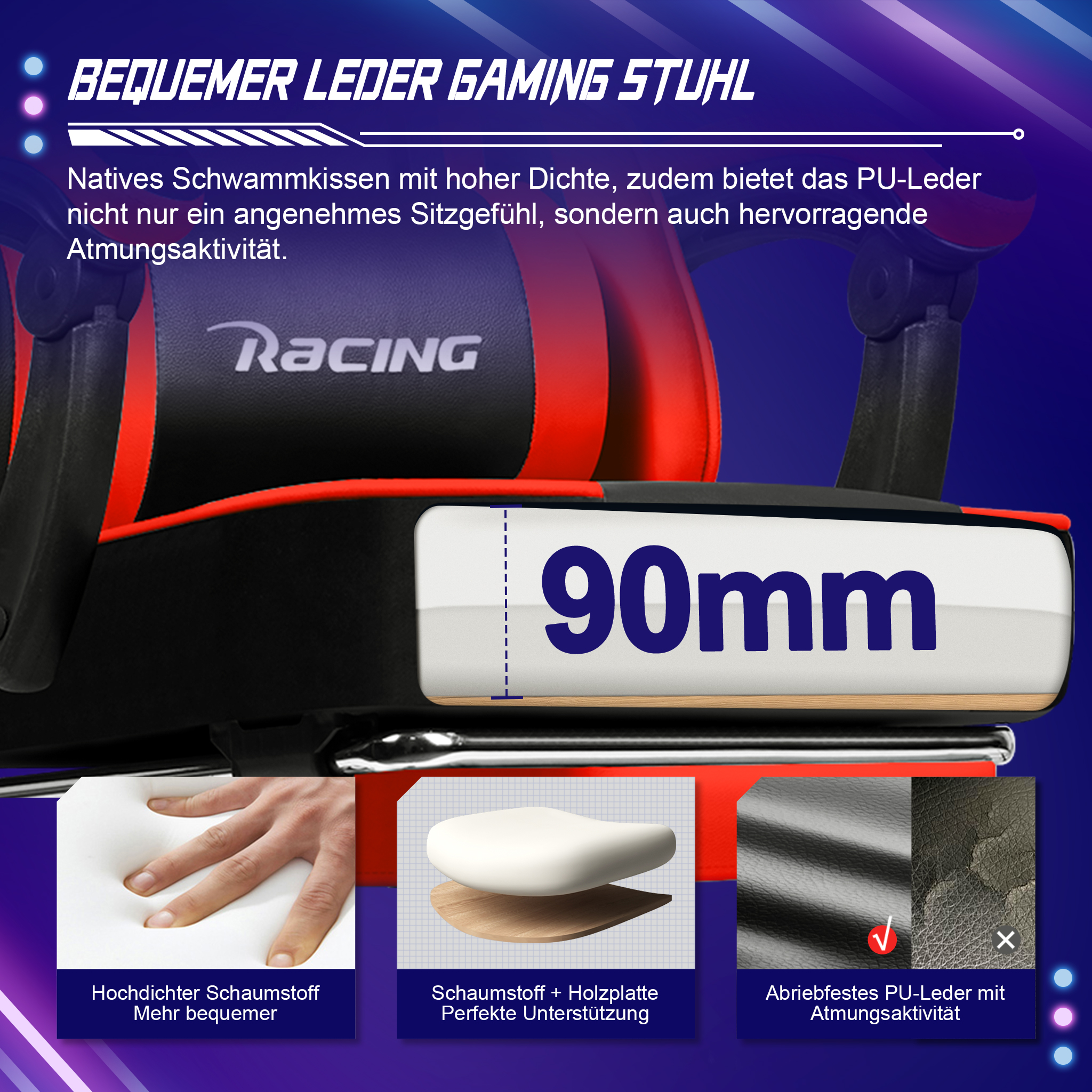 Produktgrafik eines Gaming-Stuhls mit 90mm dickem Kissen, Schaumstoffdetails und PU-Leder.
