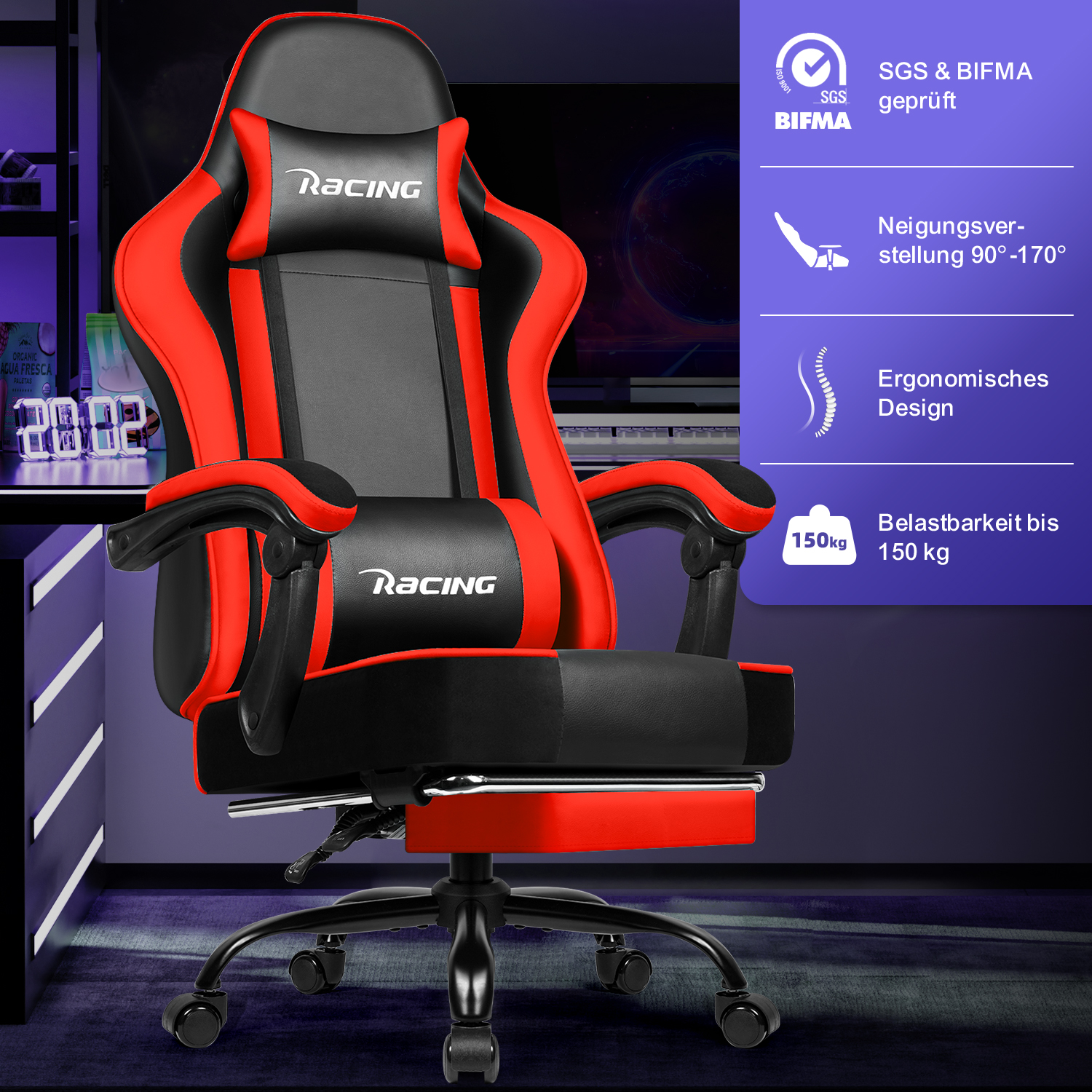 Ein schwarz-roter Gaming-Stuhl mit Merkmalen wie 150 kg Belastbarkeit und 90-170 Grad Neigung.