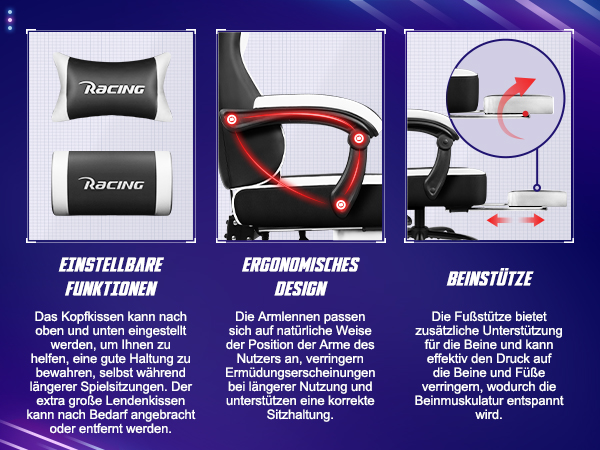 Gaming-Stuhl mit verstellbaren Kissen, ergonomischen Armlehnen und Beinstütze.