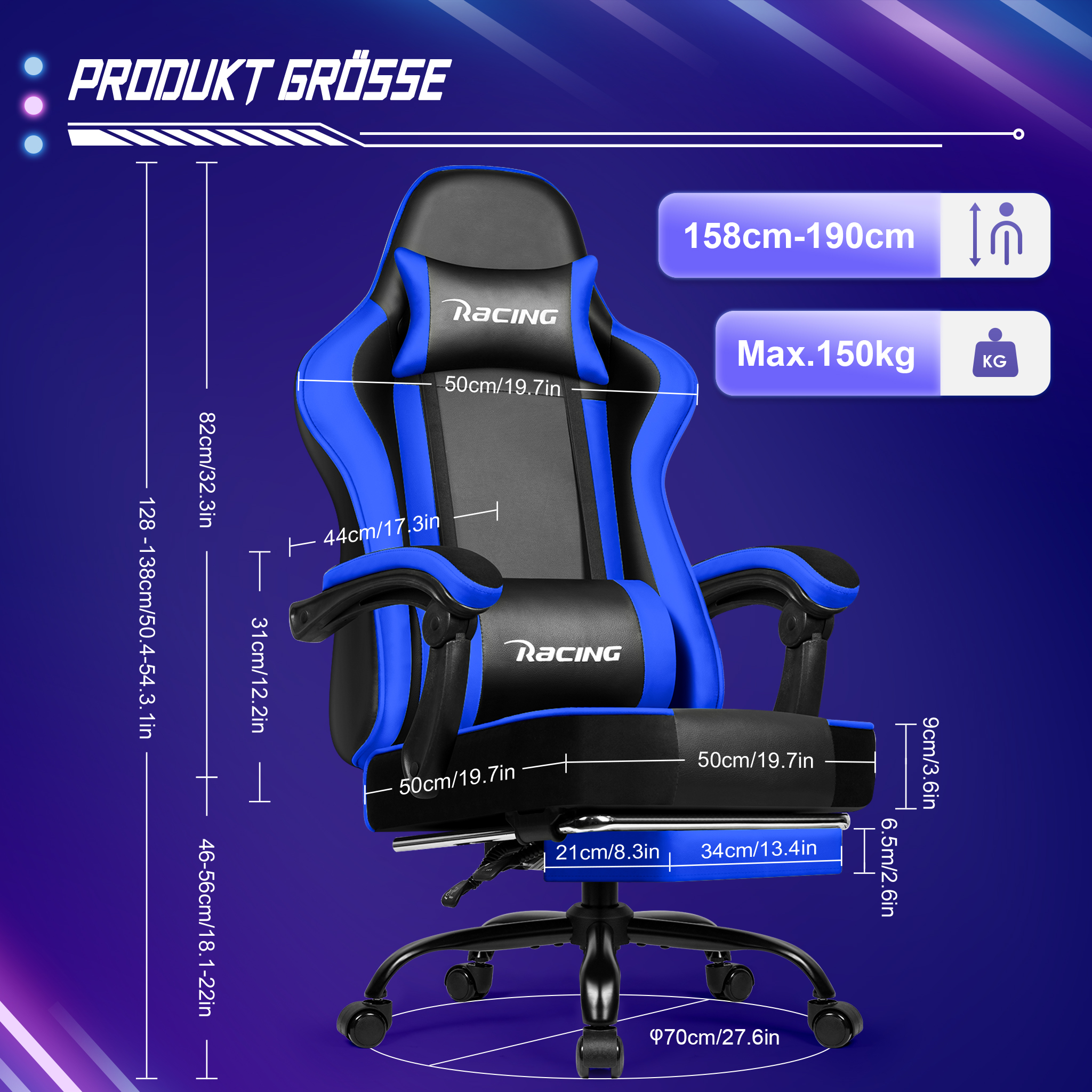 Blau-schwarzer Gaming-Stuhl mit detaillierten Produktmaßen auf blauem Hintergrund.