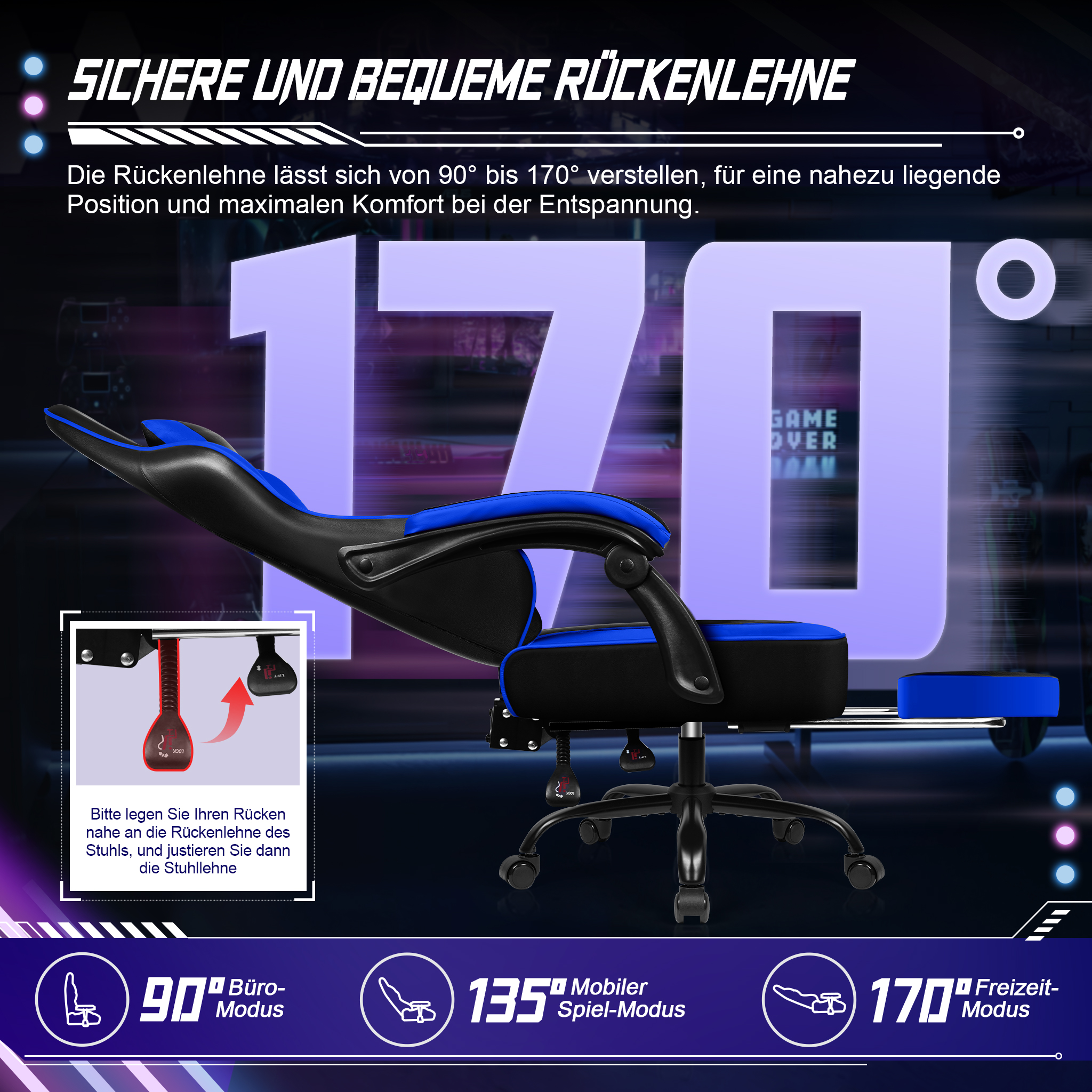 Blau-schwarzer Gaming-Stuhl mit einer um 170 Grad verstellbaren Rückenlehne und Fußstütze.
