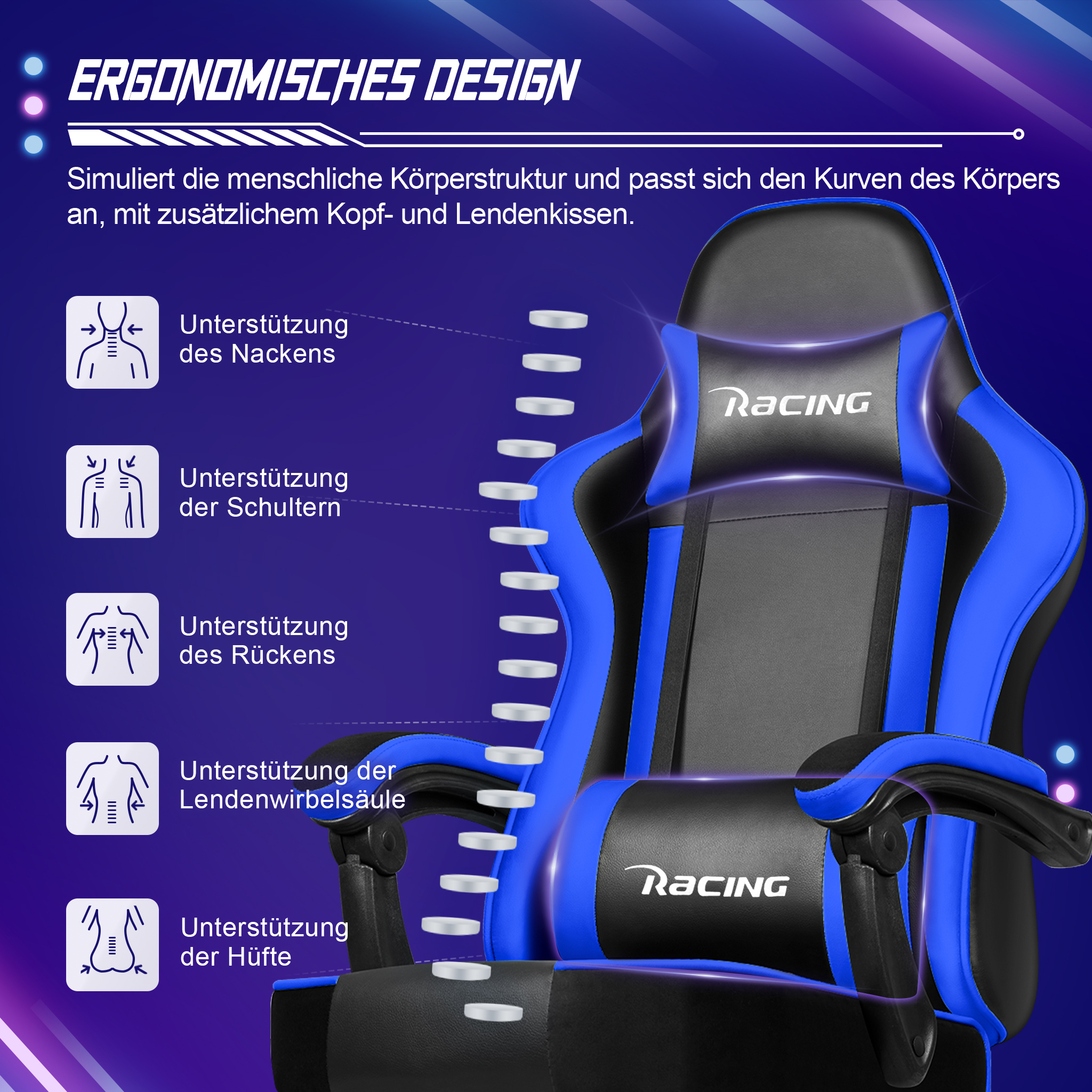 Ergonomischer blau-schwarzer Gaming-Stuhl mit Kopf- und Lendenkissen zeigt Rückenunterstützung.