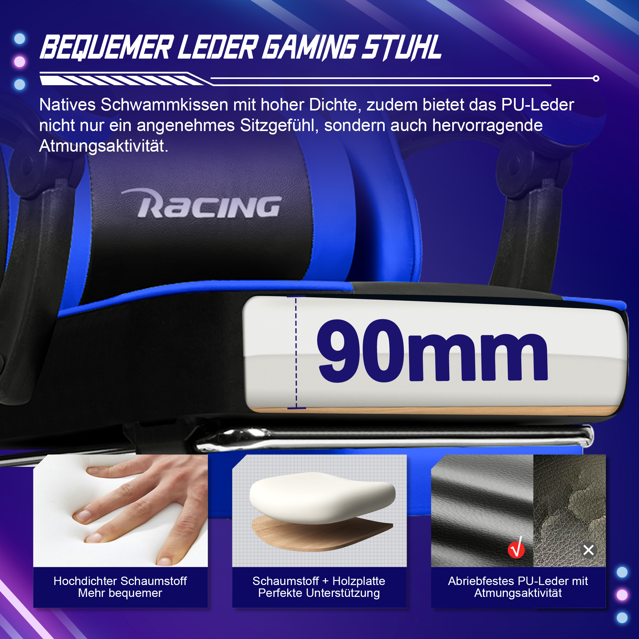 Bequemer blauer Gaming-Stuhl mit 90mm dickem Schaumstoffkissen und atmungsaktivem PU-Leder.