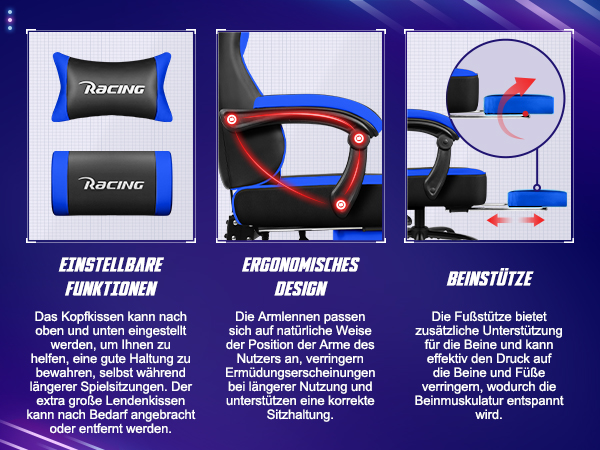 Infografik zeigt Funktionen eines blauen Gaming-Stuhls: verstellbare Kissen, ergonomische Armlehnen und Beinstütze.