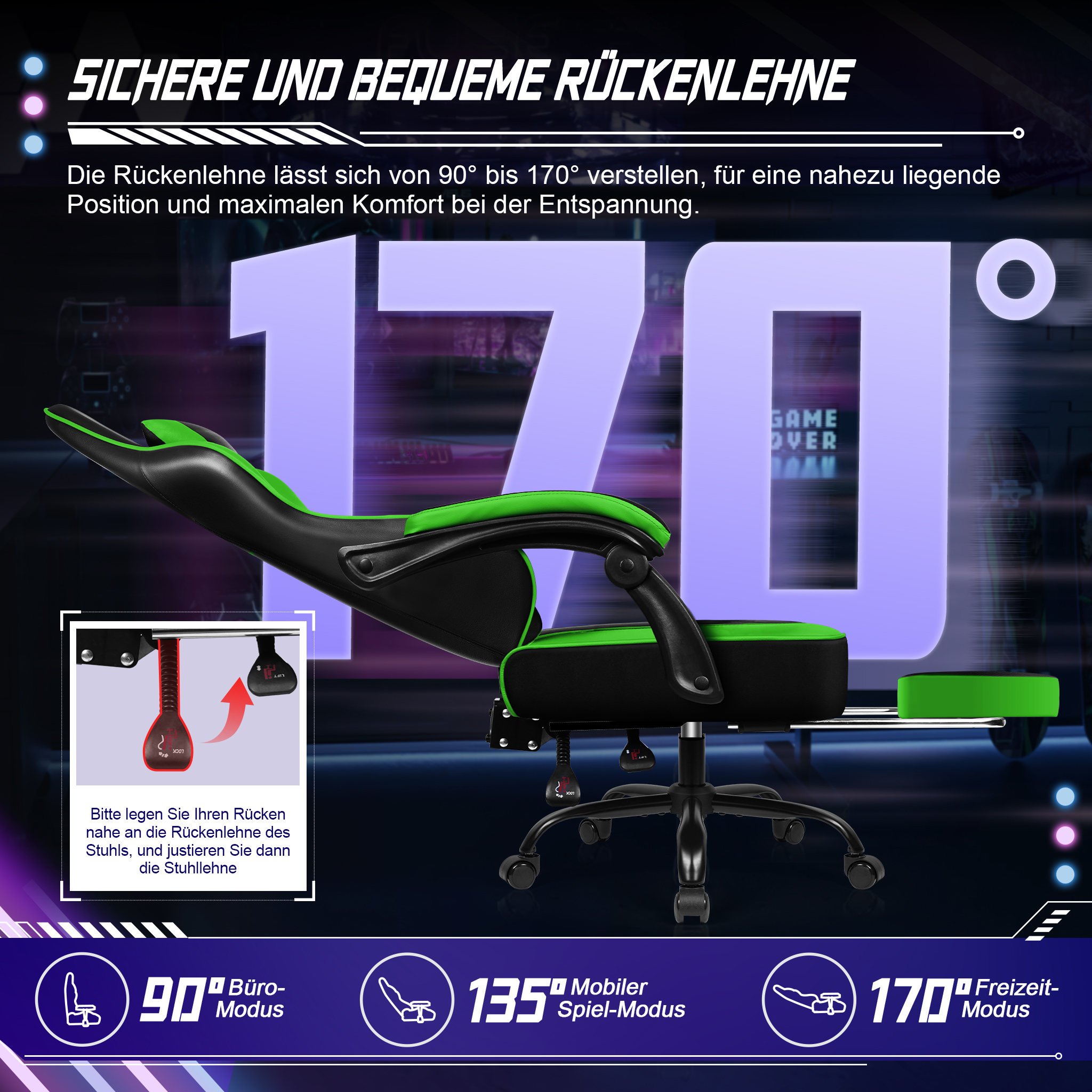 Ein grün-schwarzer Gaming-Stuhl mit verstellbarer Rückenlehne bis 170 Grad und Fußstütze vor dunklem Hintergrund.
