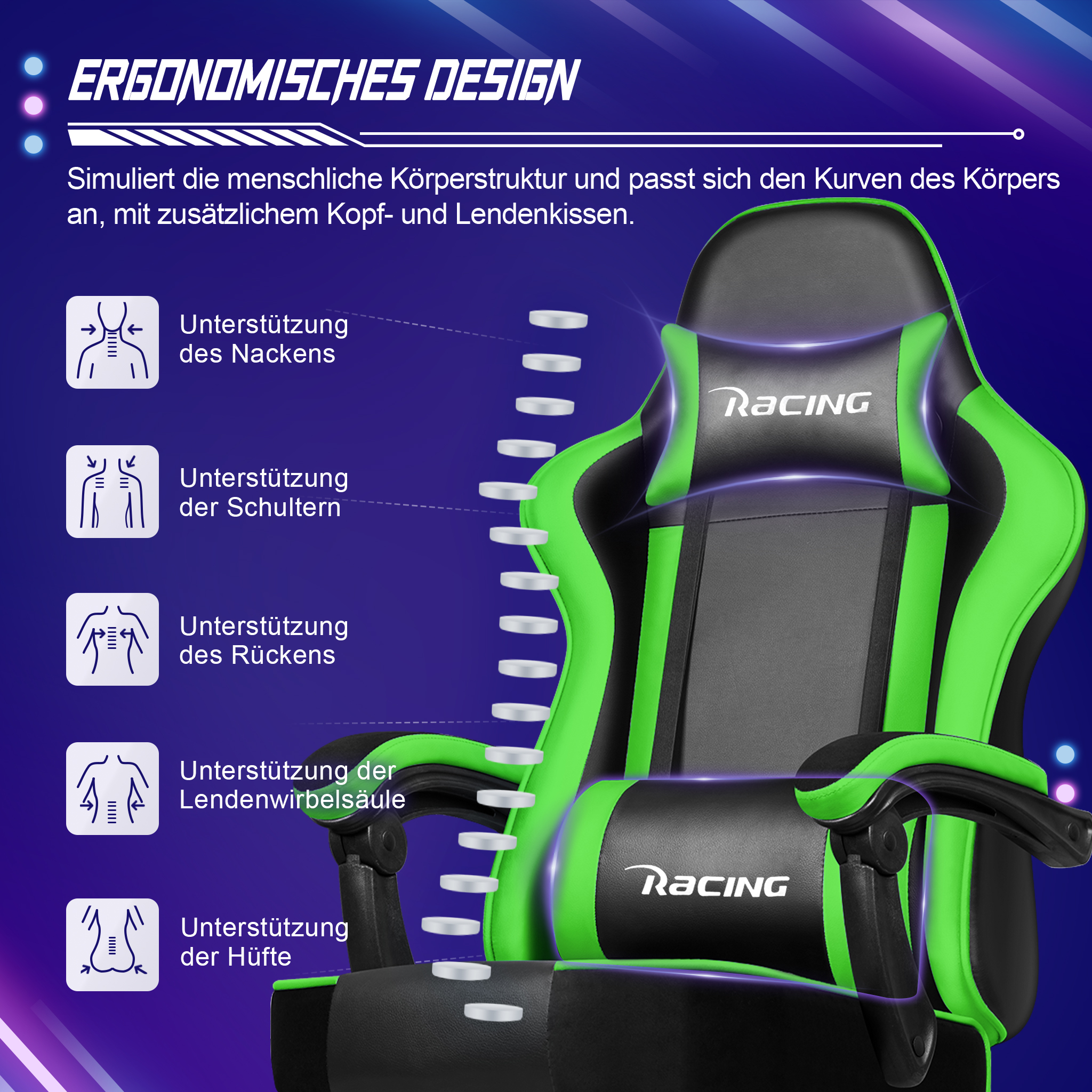 Ein schwarz-grüner ergonomischer Gaming-Stuhl mit Nacken- und Lendenkissen vor blauem Hintergrund.