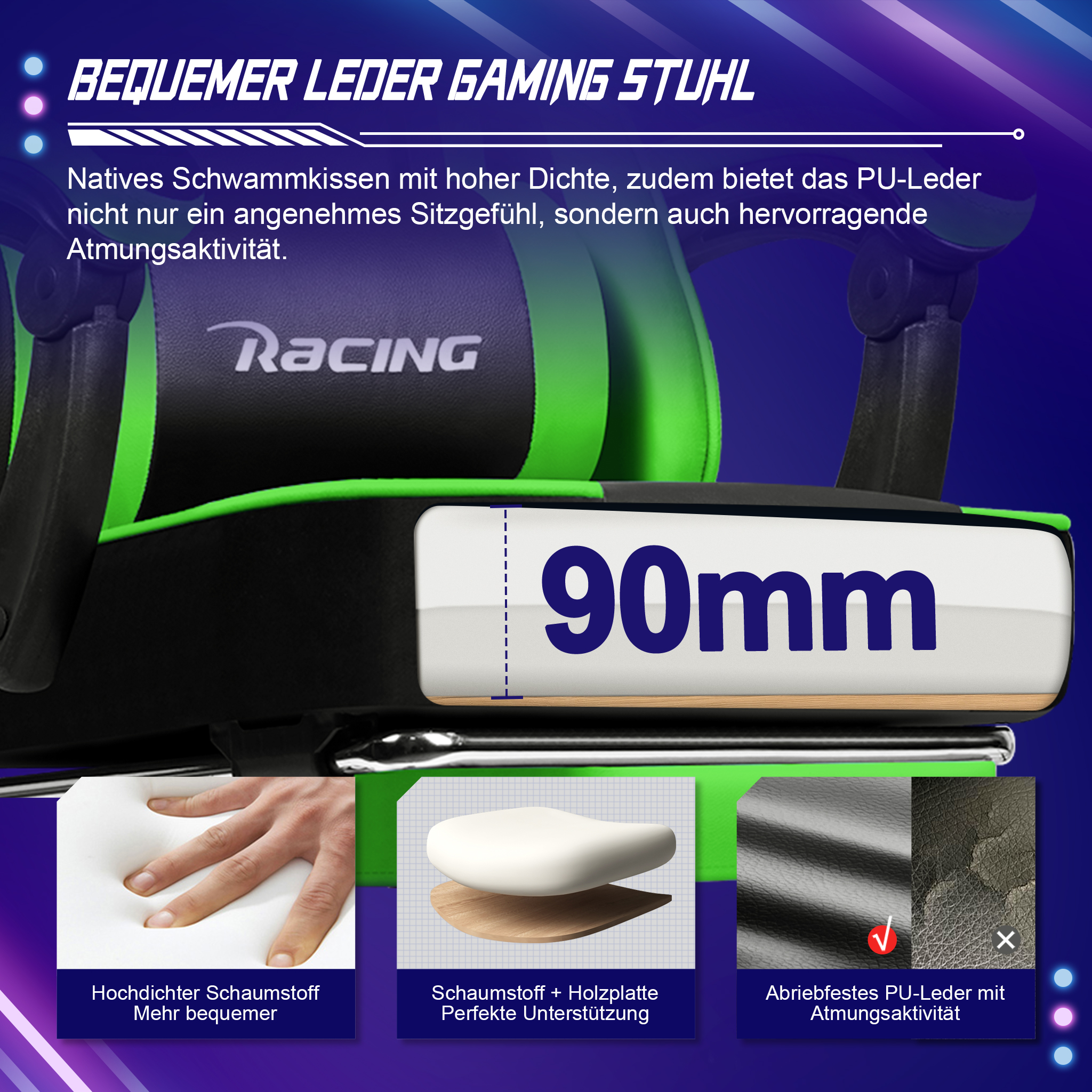Bequemer Gaming Stuhl mit 90mm dickem Schaumstoffkissen und atmungsaktivem PU-Leder.
