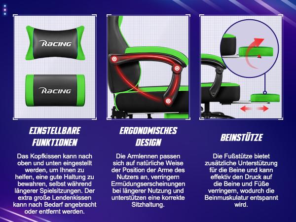 Eigenschaften eines Gaming-Stuhls: Kissen, verstellbare Armlehnen und Fußstütze.