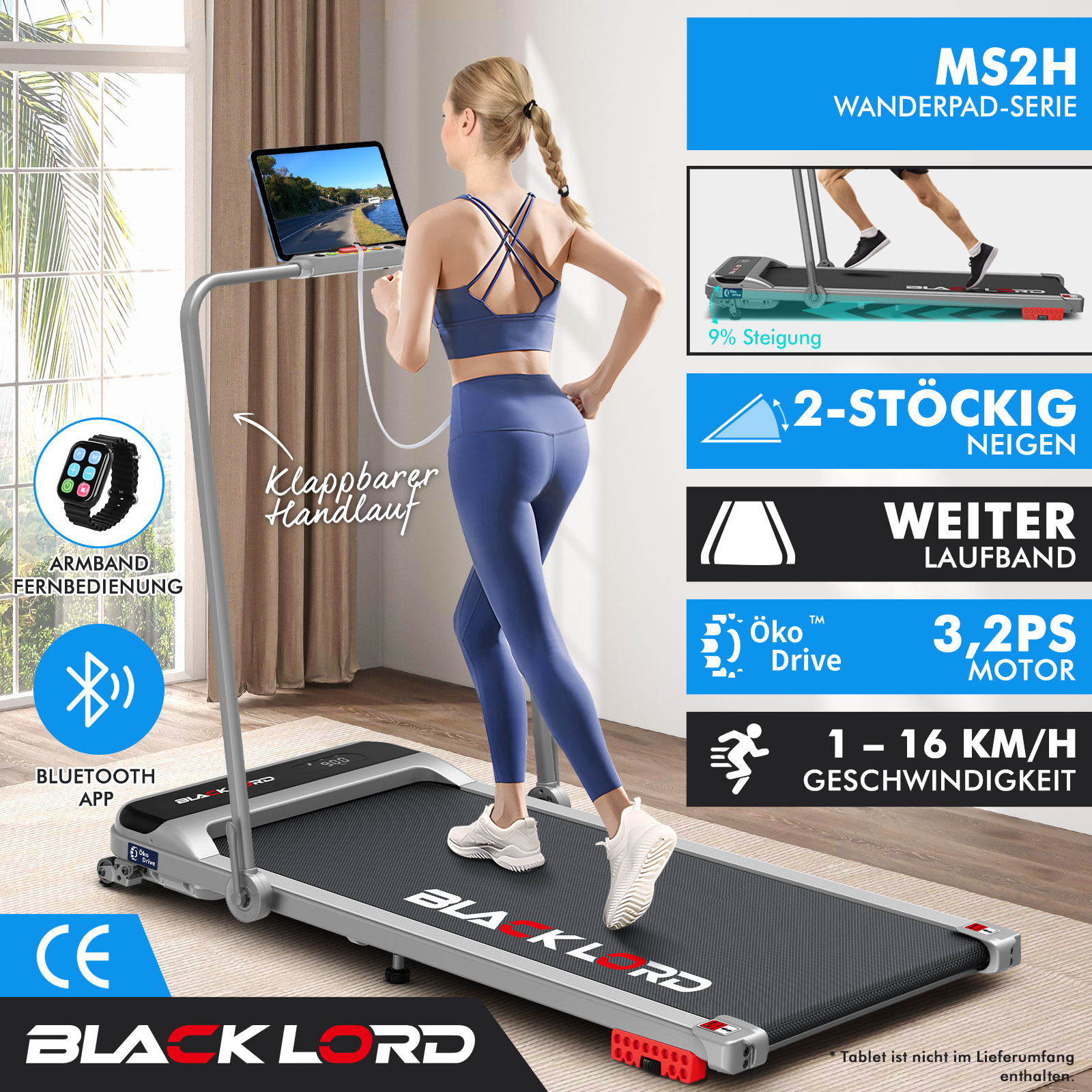 Eine Frau in blauer Sportkleidung läuft auf einem Black Lord Laufband mit Funktionsgrafiken.
