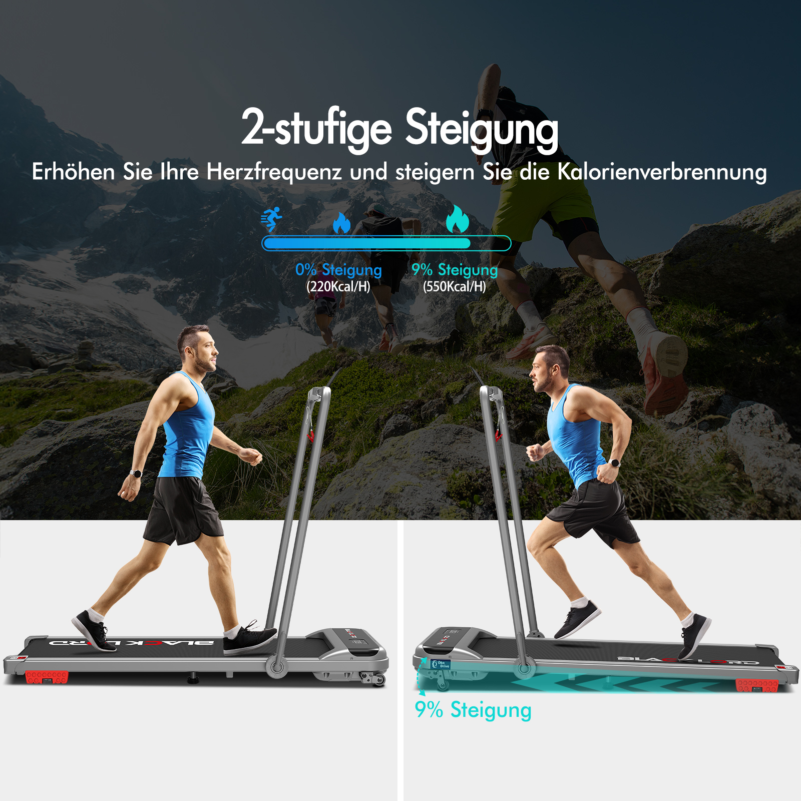 Ein Mann läuft auf einem Laufband vor einer Bergkulisse, demonstriert zwei Steigungsstufen mit unterschiedlichen Kalorienwerten.