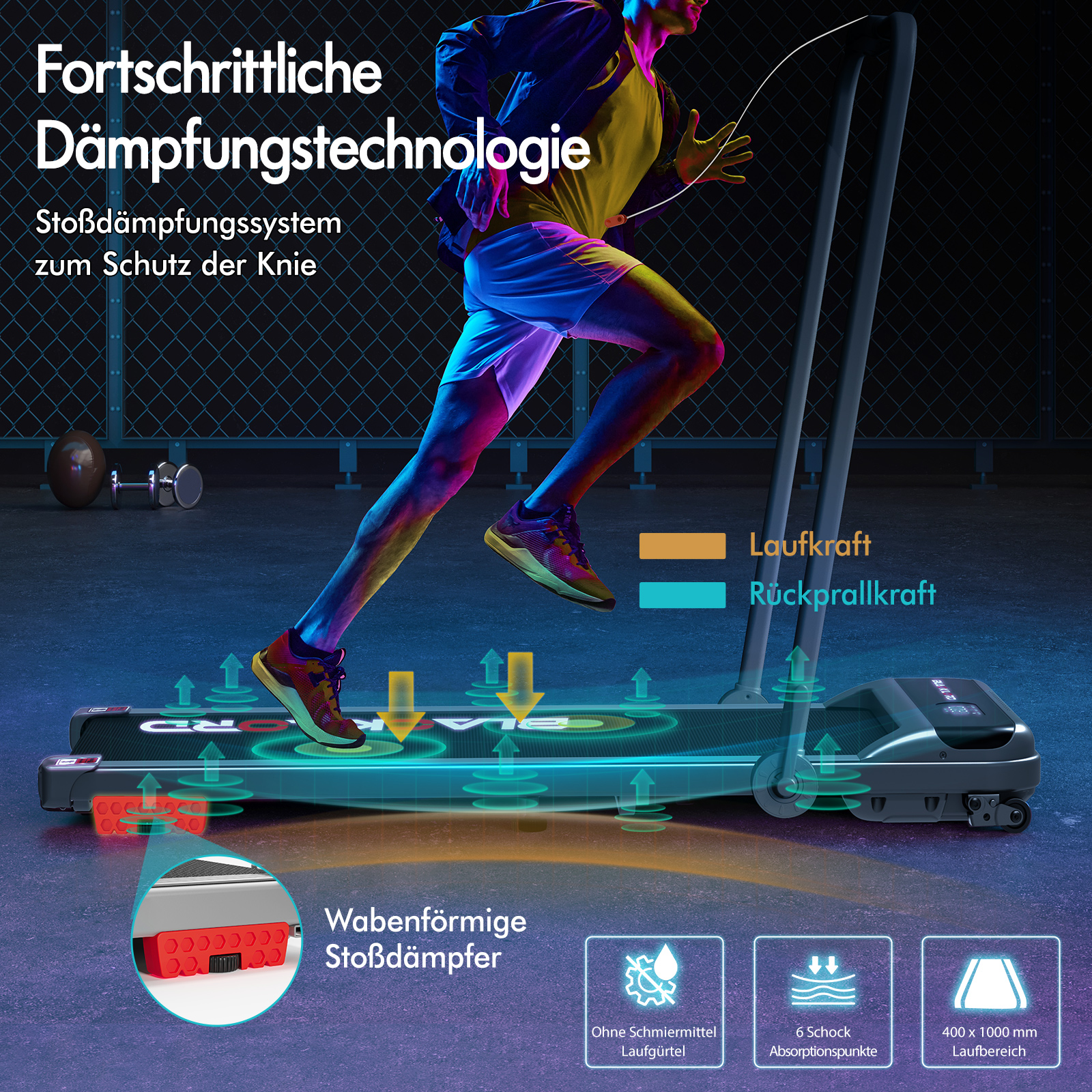 Ein Mann läuft auf einem Laufband im Fitnessstudio mit Texten über Dämpfungstechnologie.