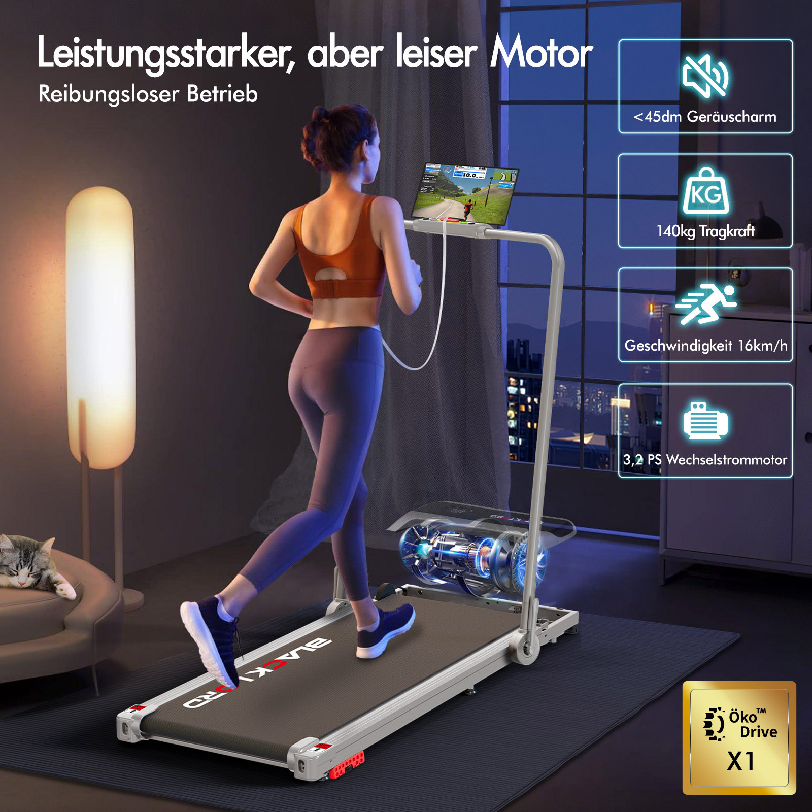 Frau läuft abends auf einem leisen Laufband im Zimmer, während eine Katze schläft.