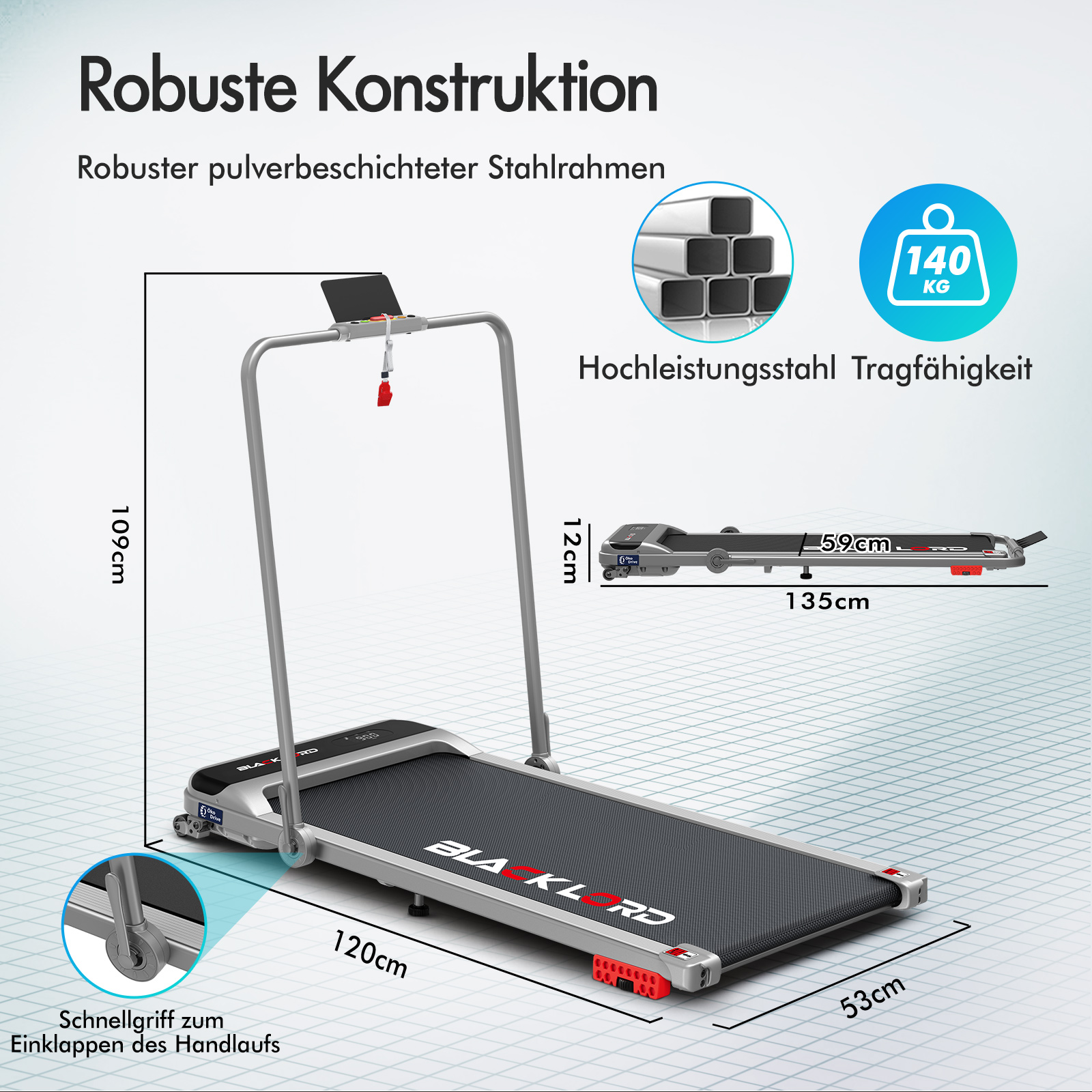 Laufband mit Maßen, robuster Stahlrahmen, 140 kg Tragkraft, klappbar und Details zu Rollen und Handlauf.