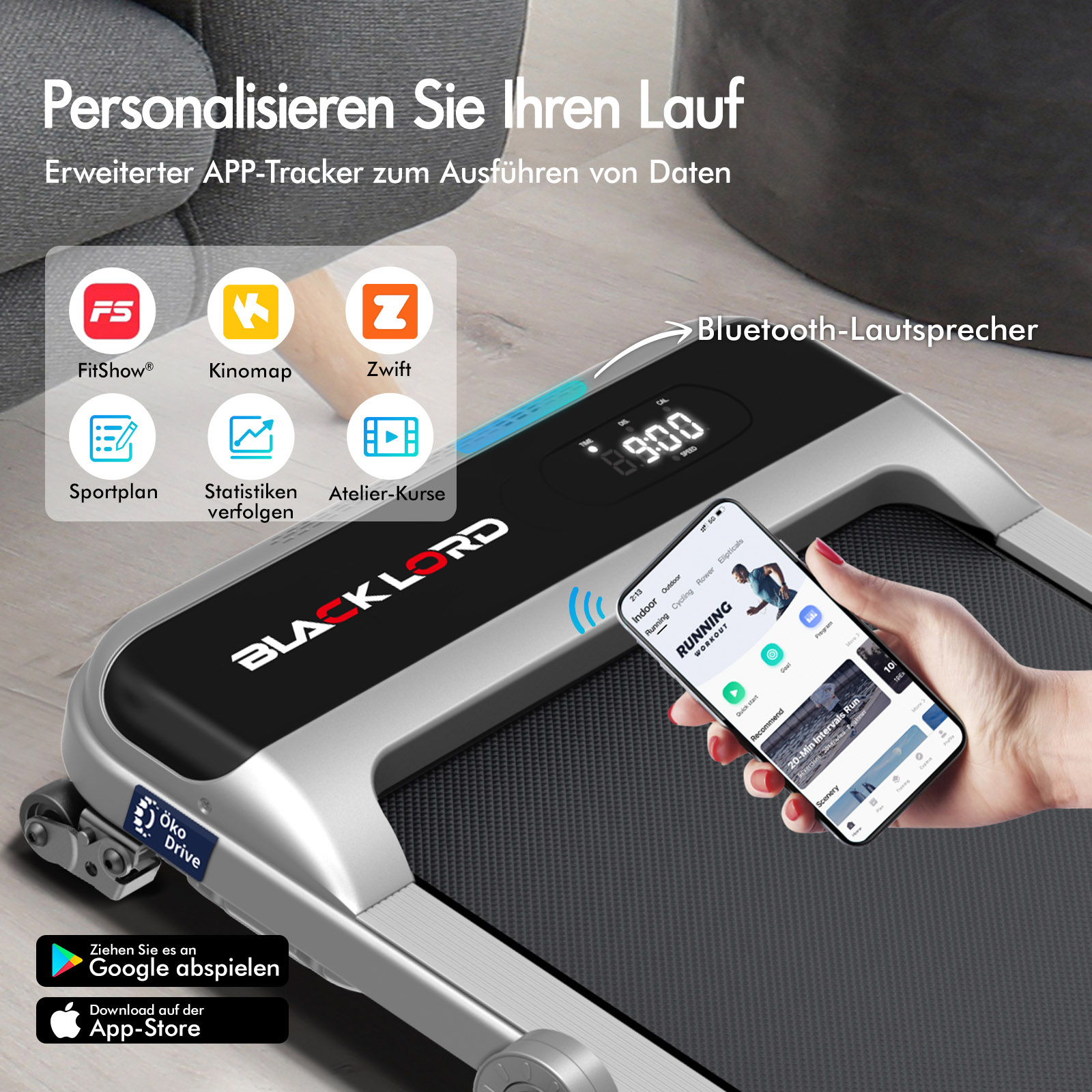 Laufband mit App-Konnektivität, Bluetooth-Lautsprecher und einem Smartphone in der Hand zur Steuerung.