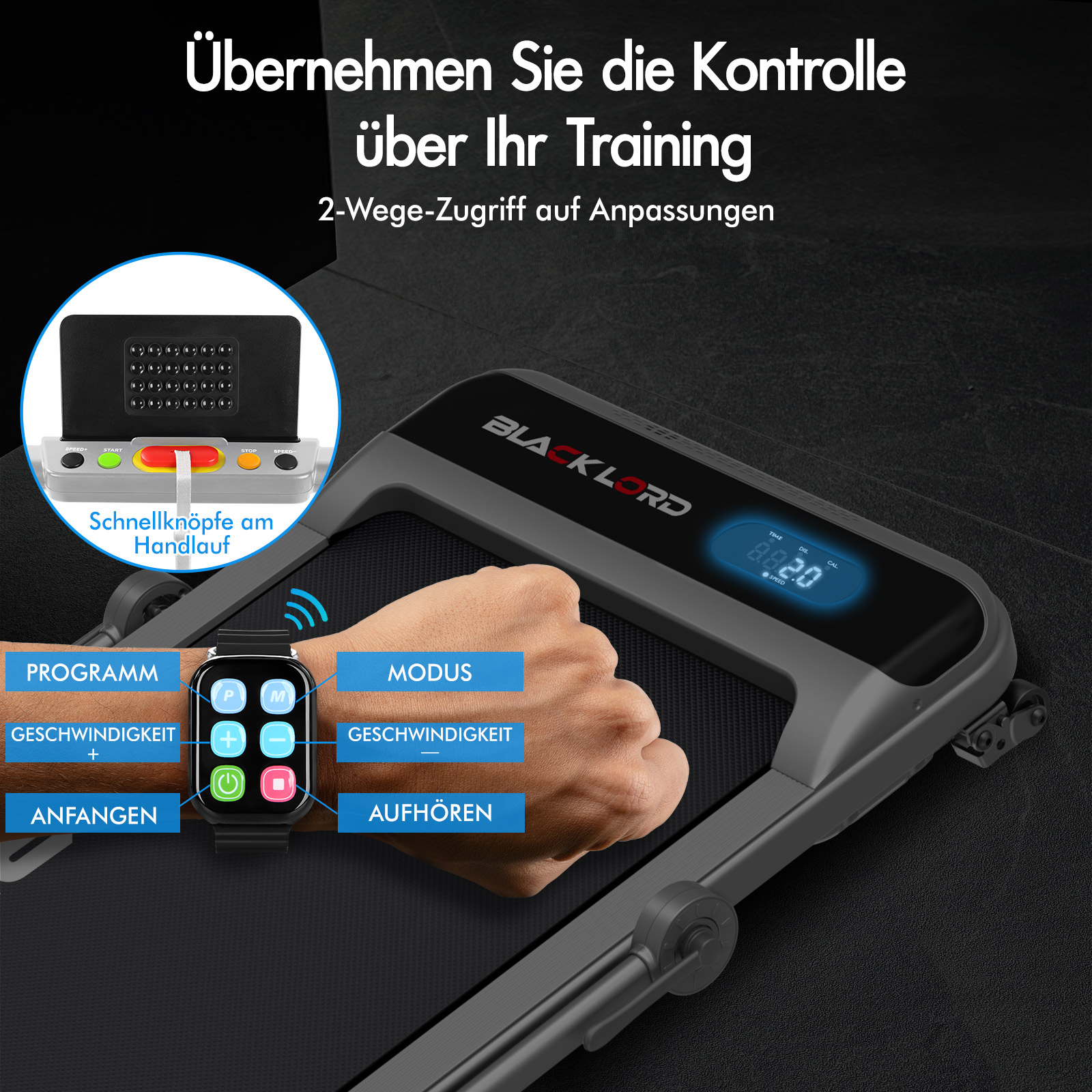 Laufband mit schwarzem Design, digitaler Anzeige und einer Armbanduhr zur Steuerung mit verschiedenen Tasten.