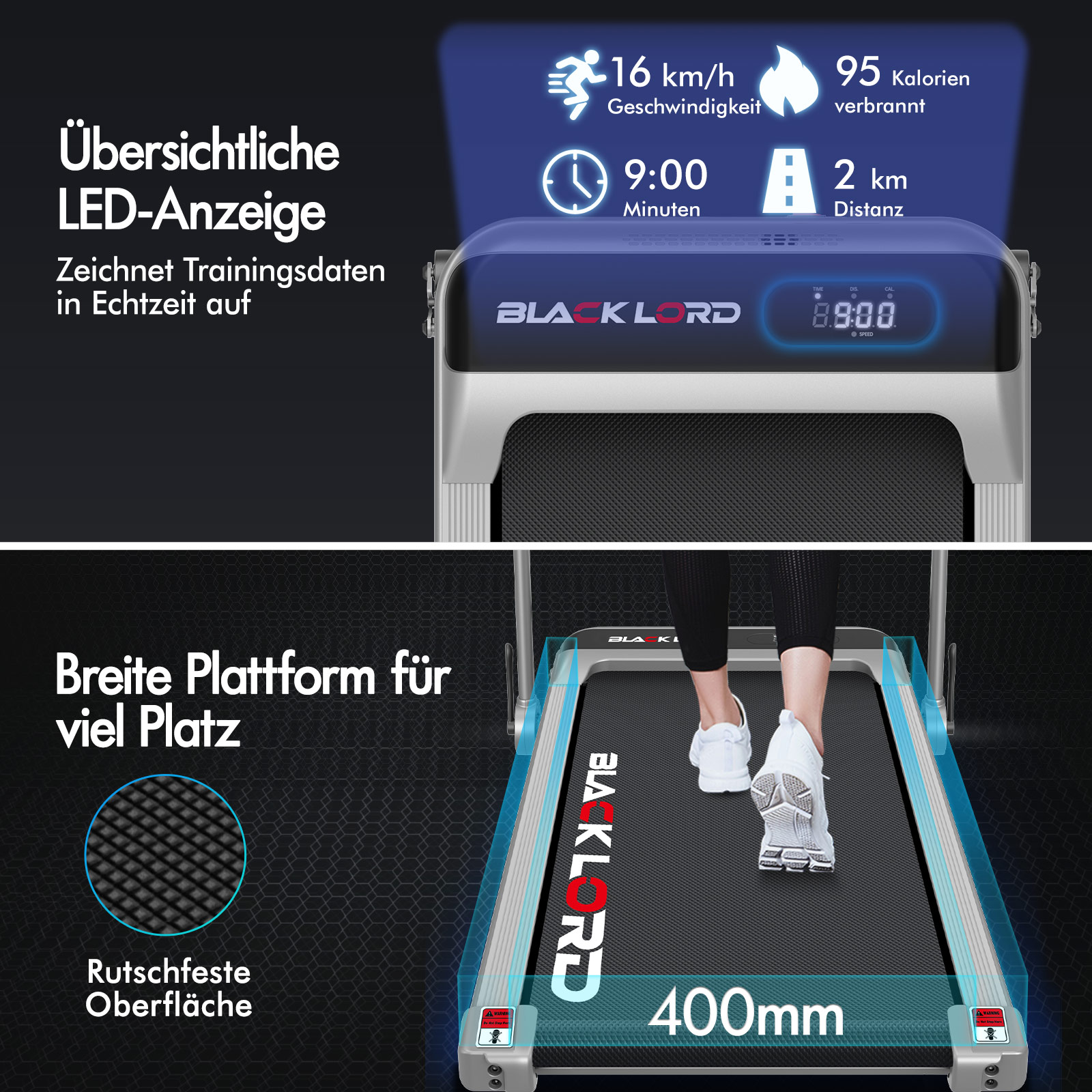 Laufband mit LED-Anzeige, Echtzeit-Daten, rutschfester Oberfläche und 400 mm breiter Plattform.