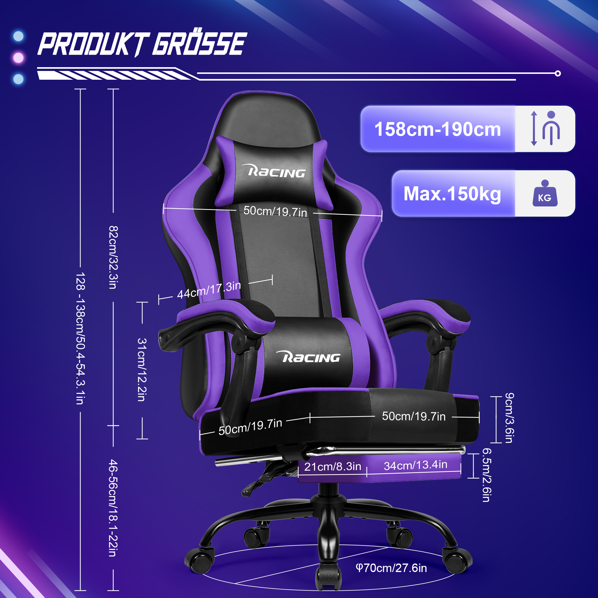 Technische Zeichnung eines schwarz-lila Racing-Gaming-Stuhls mit detaillierten Produktmaßen auf blauem Hintergrund.