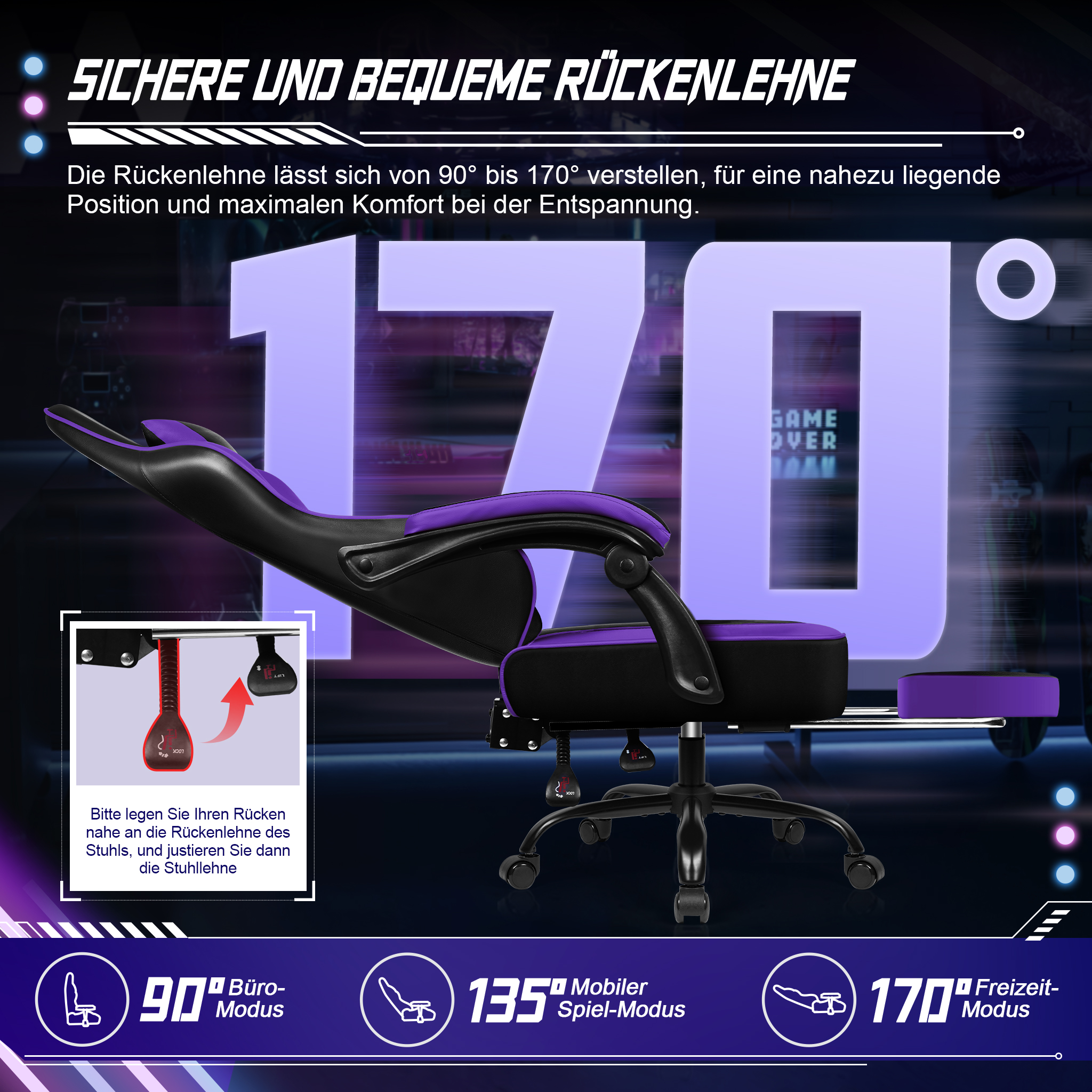 Lila-schwarzer Gaming-Stuhl mit einer um 170 Grad verstellbaren Rückenlehne und Fußstütze.