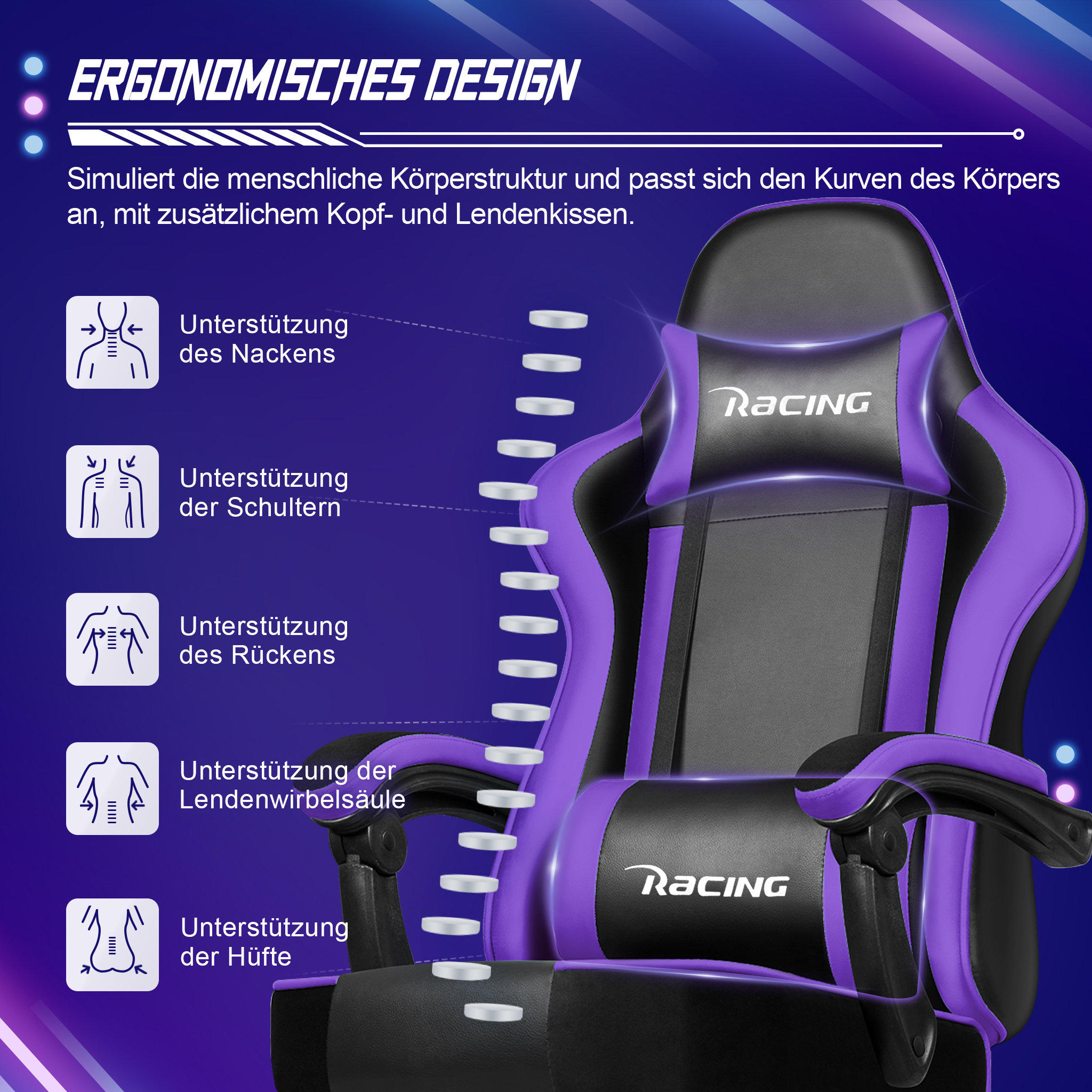 Ergonomischer Gaming-Stuhl in Schwarz und Lila mit Nackenhissen auf blauem Grund.