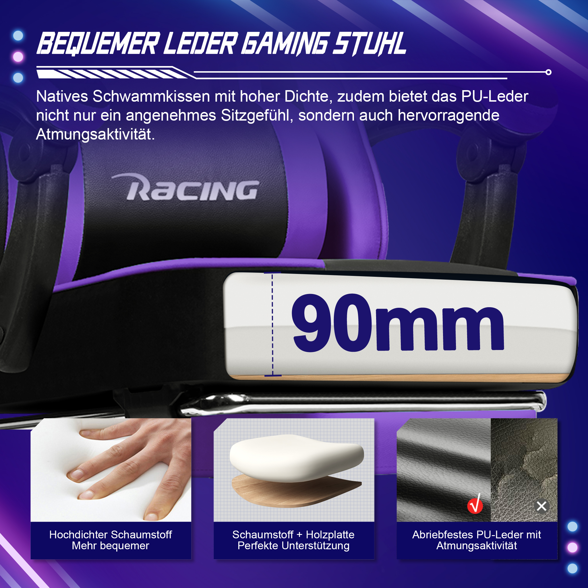 Ein lila-schwarzer Gaming-Stuhl mit 90 mm dickem Kissen, hochdichtem Schaumstoff und PU-Leder.