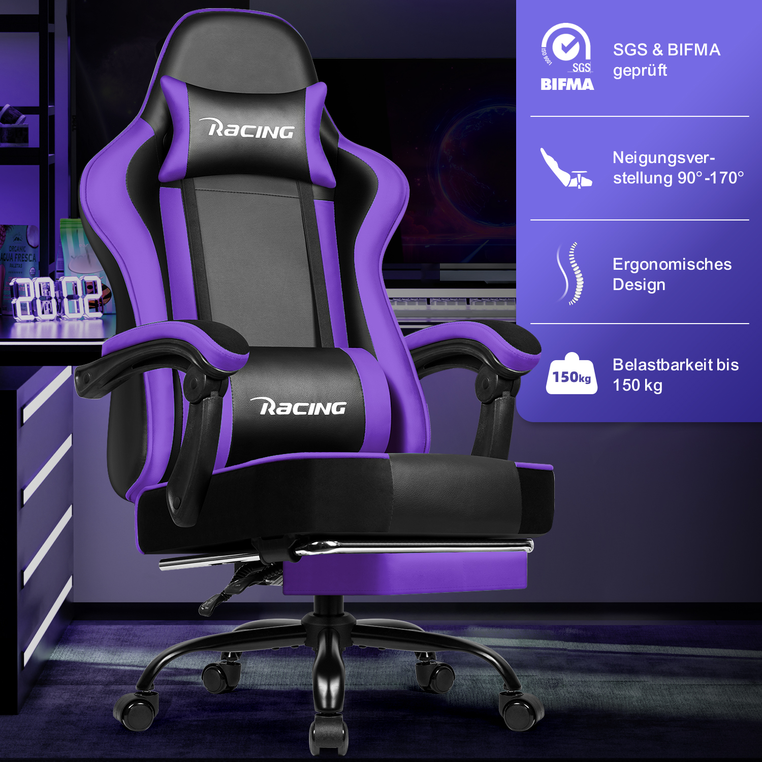 Ein schwarz-lila Gaming-Stuhl mit Fußstütze, Kopfkissen und Funktionssymbolen rechts.