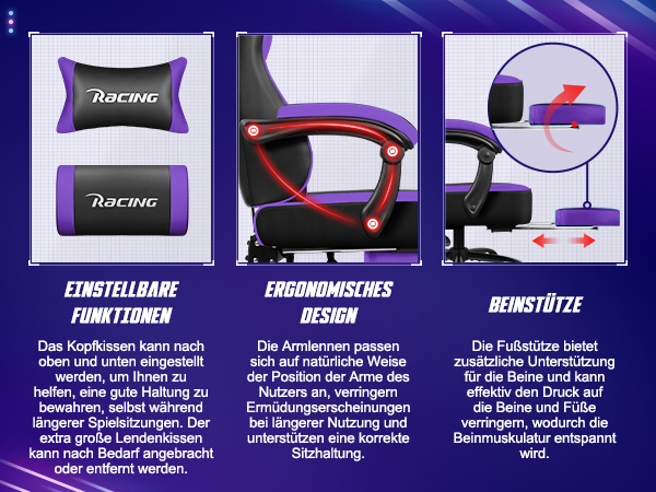 Gaming-Stuhl mit verstellbaren Kissen, ergonomischen Armlehnen und Beinstütze für maximalen Komfort und Unterstützung.