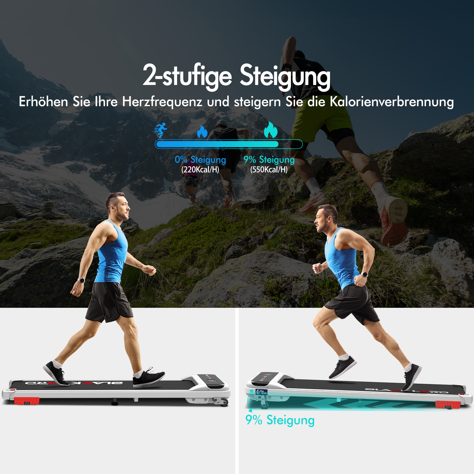 Ein Mann demonstriert ein Laufband mit zweistufiger Steigung vor einer Bergkulisse.