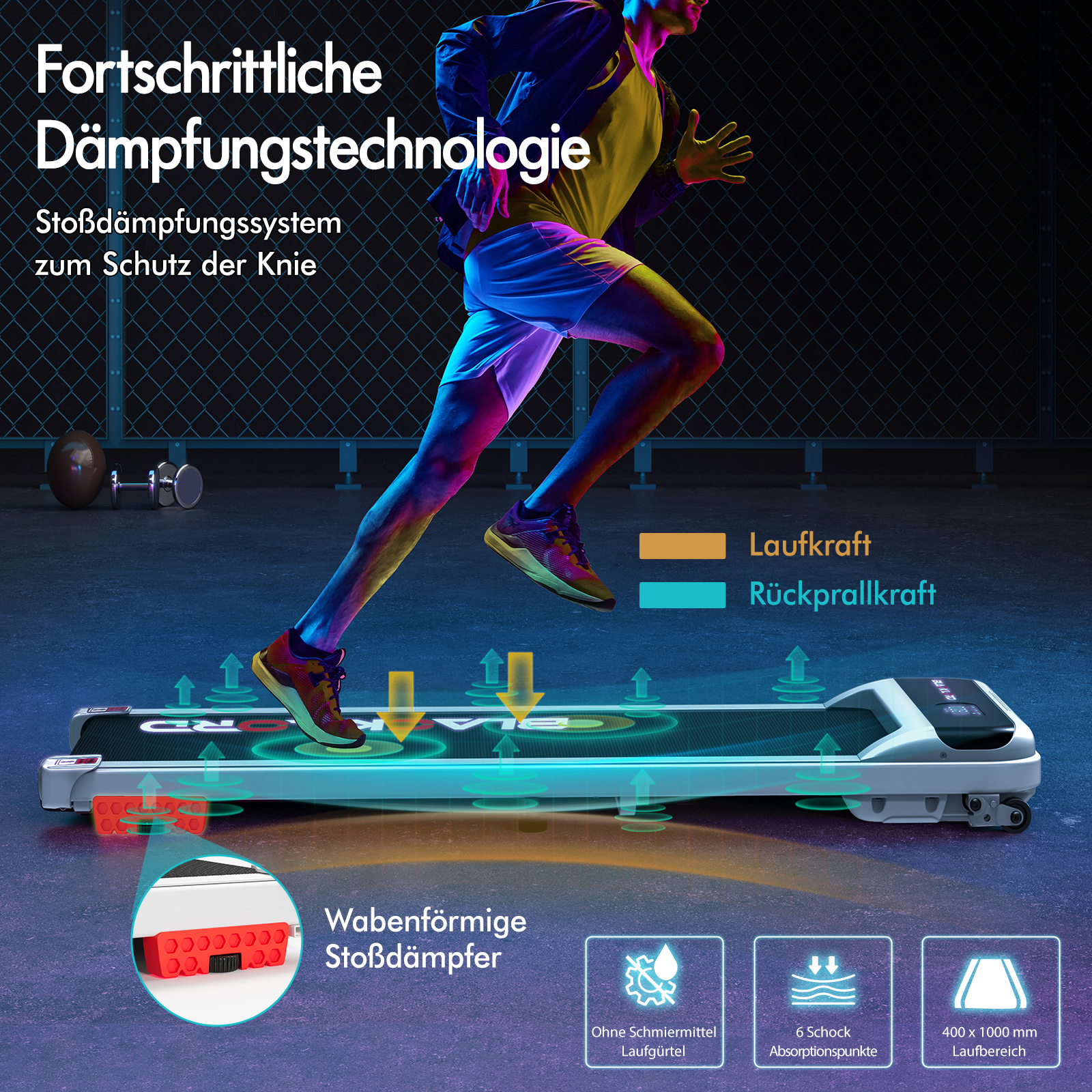 Ein Läufer auf einem modernen Laufband mit fortschrittlicher Dämpfungstechnologie für Knieschutz.