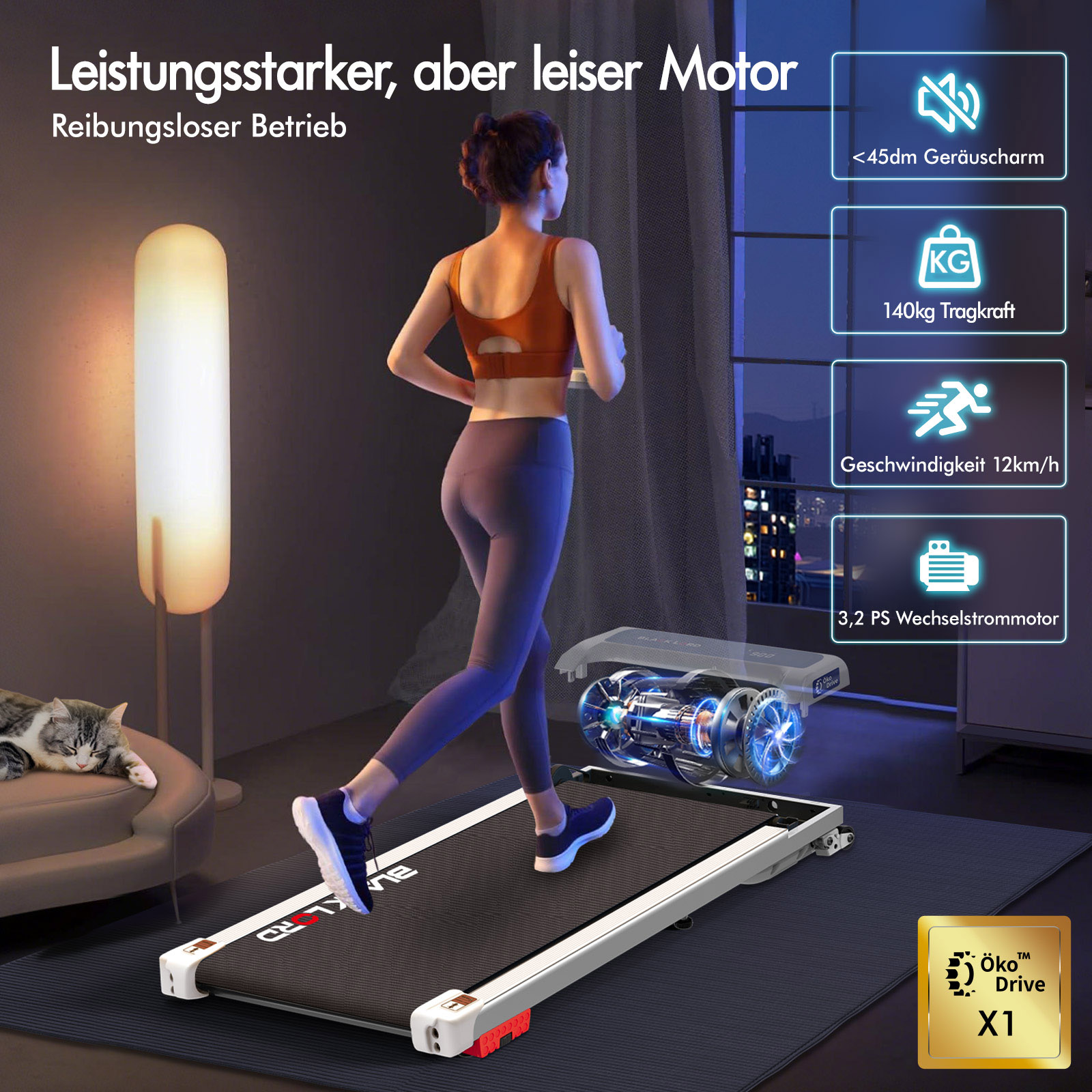 Eine Frau läuft auf einem Laufband, mit Produktdetails, Lampe und Katze.