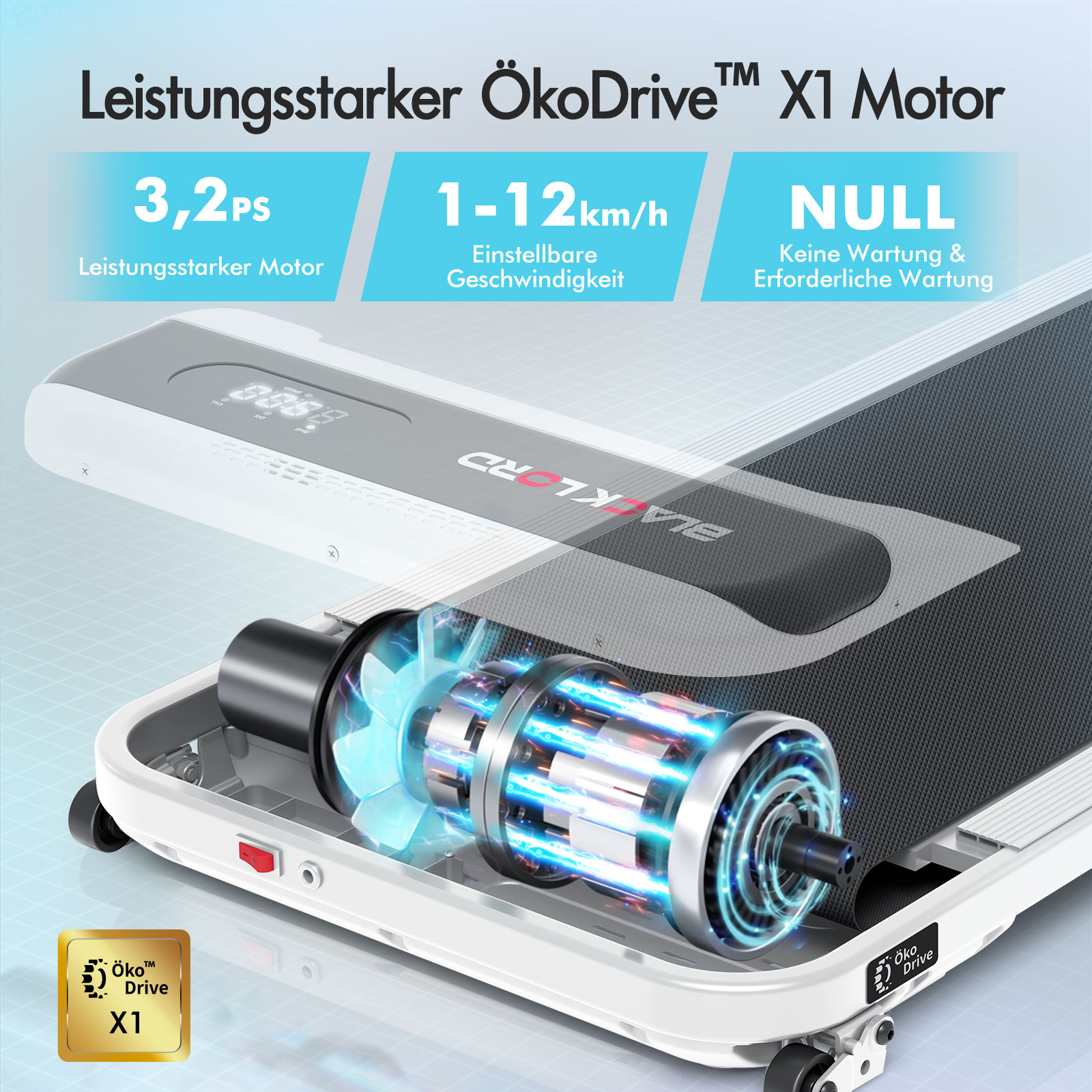 Ein Laufband mit innenliegendem Motor und Lüfter, hervorgehoben durch blaue Energieeffekte.
