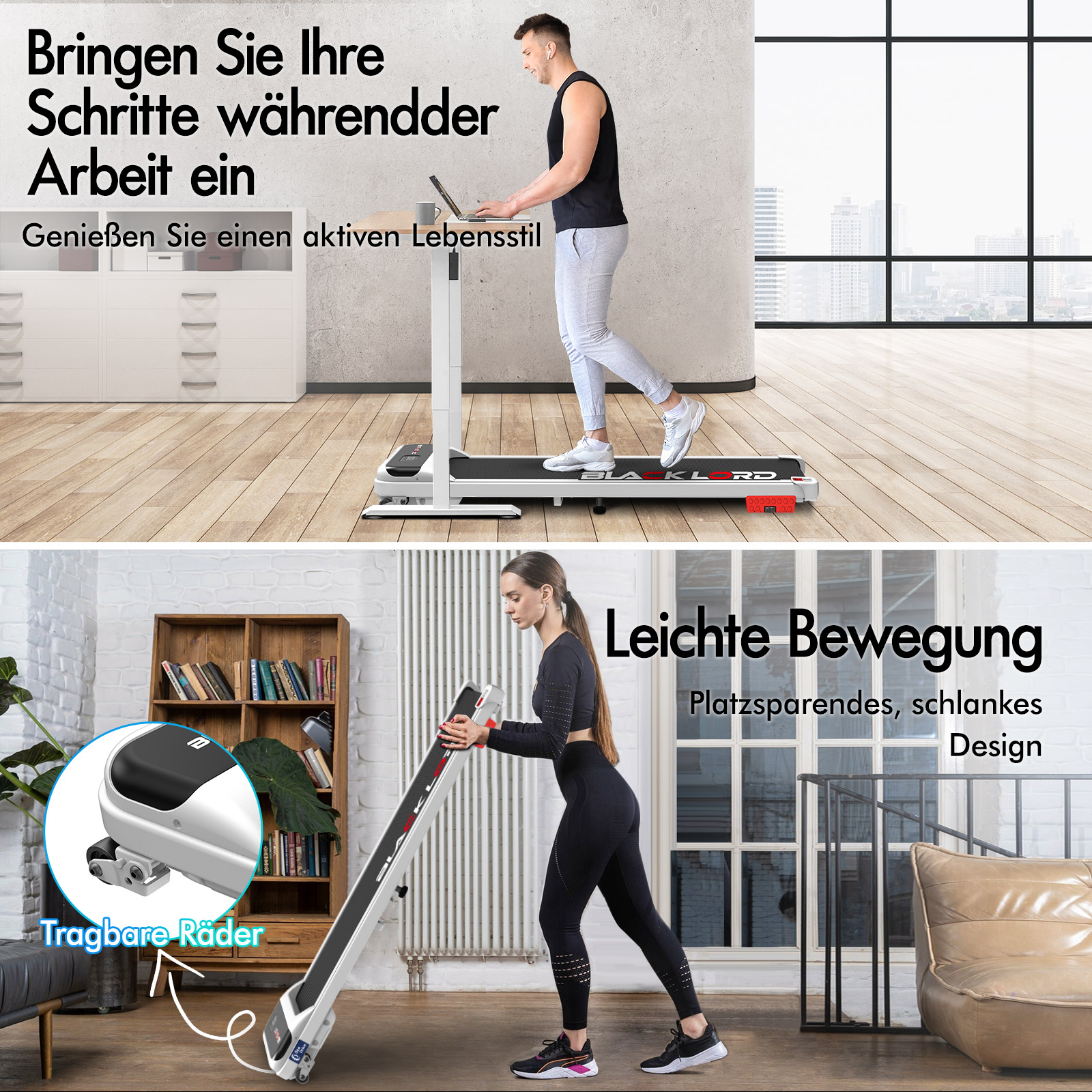 Ein Mann nutzt ein Laufband mit höhenverstellbarem Schreibtisch, darunter eine Frau, die ein Laufband faltet.