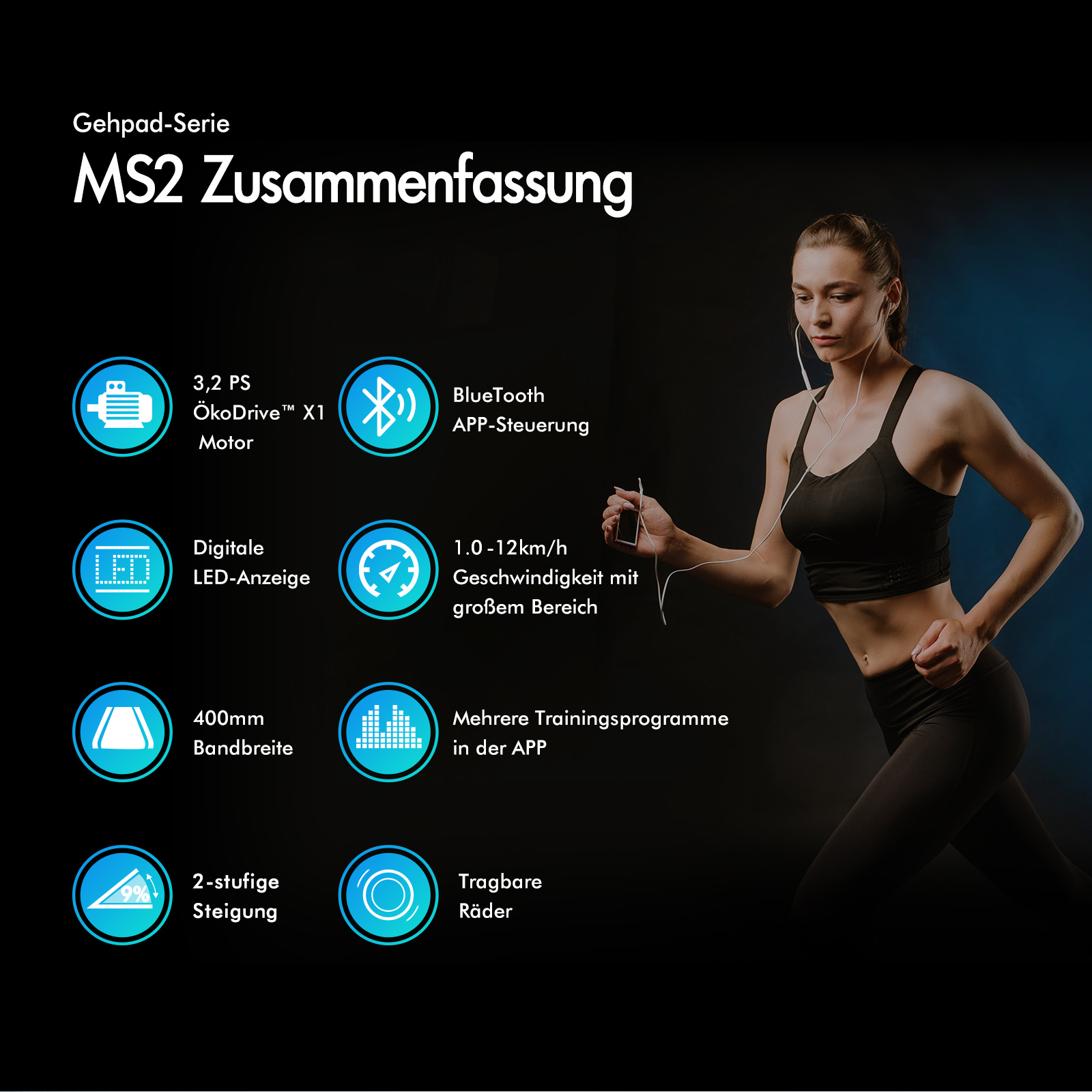 Eine Frau läuft neben Laufband-Funktionen wie 3,2 PS Motor, LED-Display und App-Steuerung.