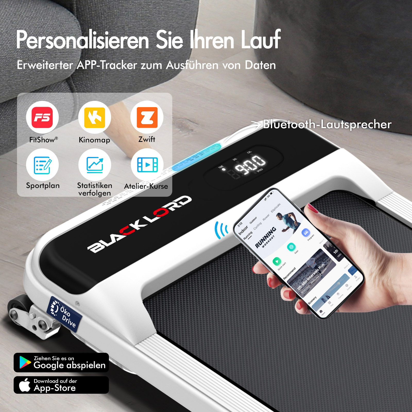 Ein weißes Laufband mit schwarzem Display, App-Integration und Smartphone in einer Hand.