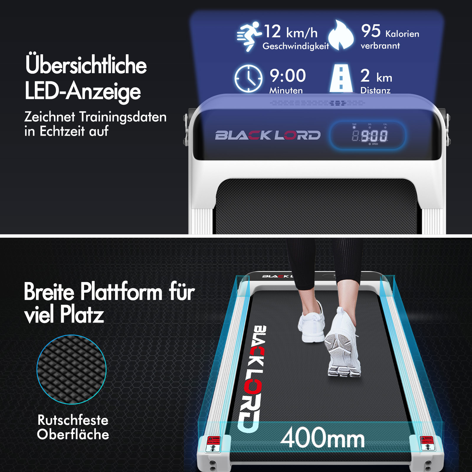 Laufband mit LED-Anzeige für Trainingsdaten und einer breiten, rutschfesten Lauffläche.