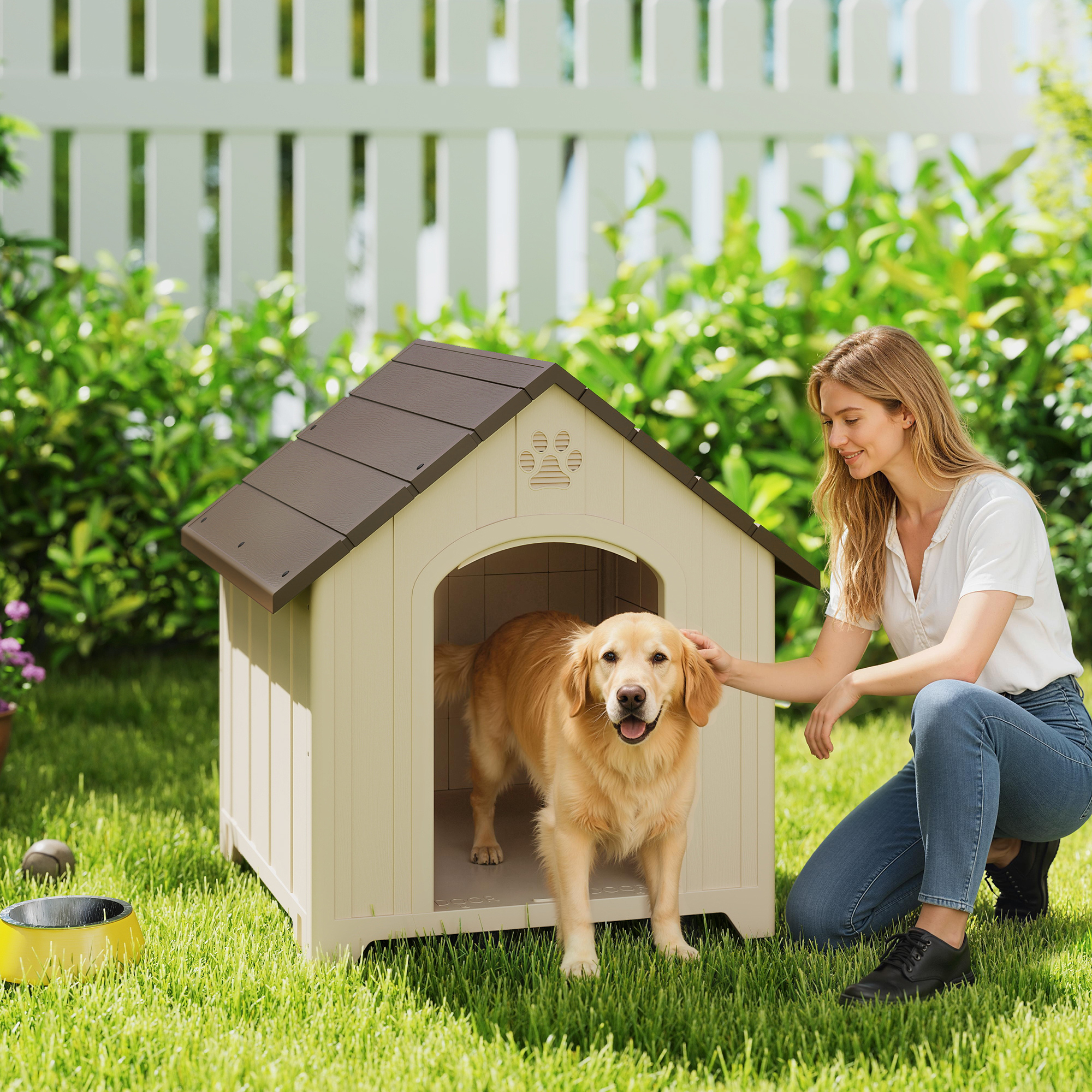 Una mujer se arrodilla junto a una caseta de perro en un jardín, acariciando a un golden retriever.