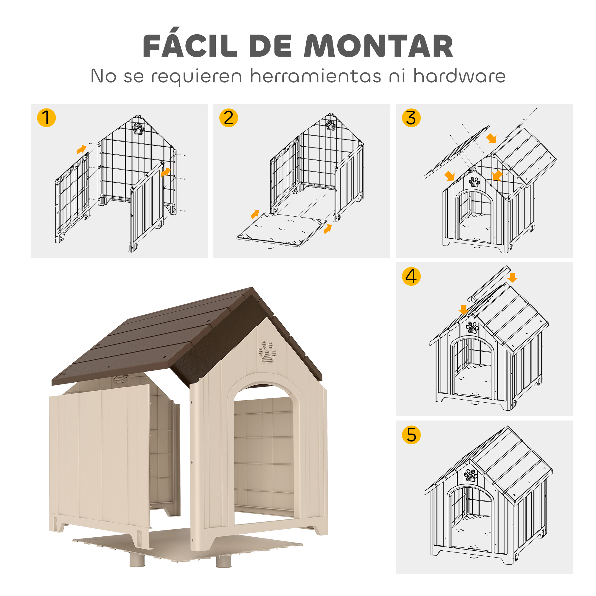Guía de montaje de cinco pasos para una caseta de perro sin herramientas.