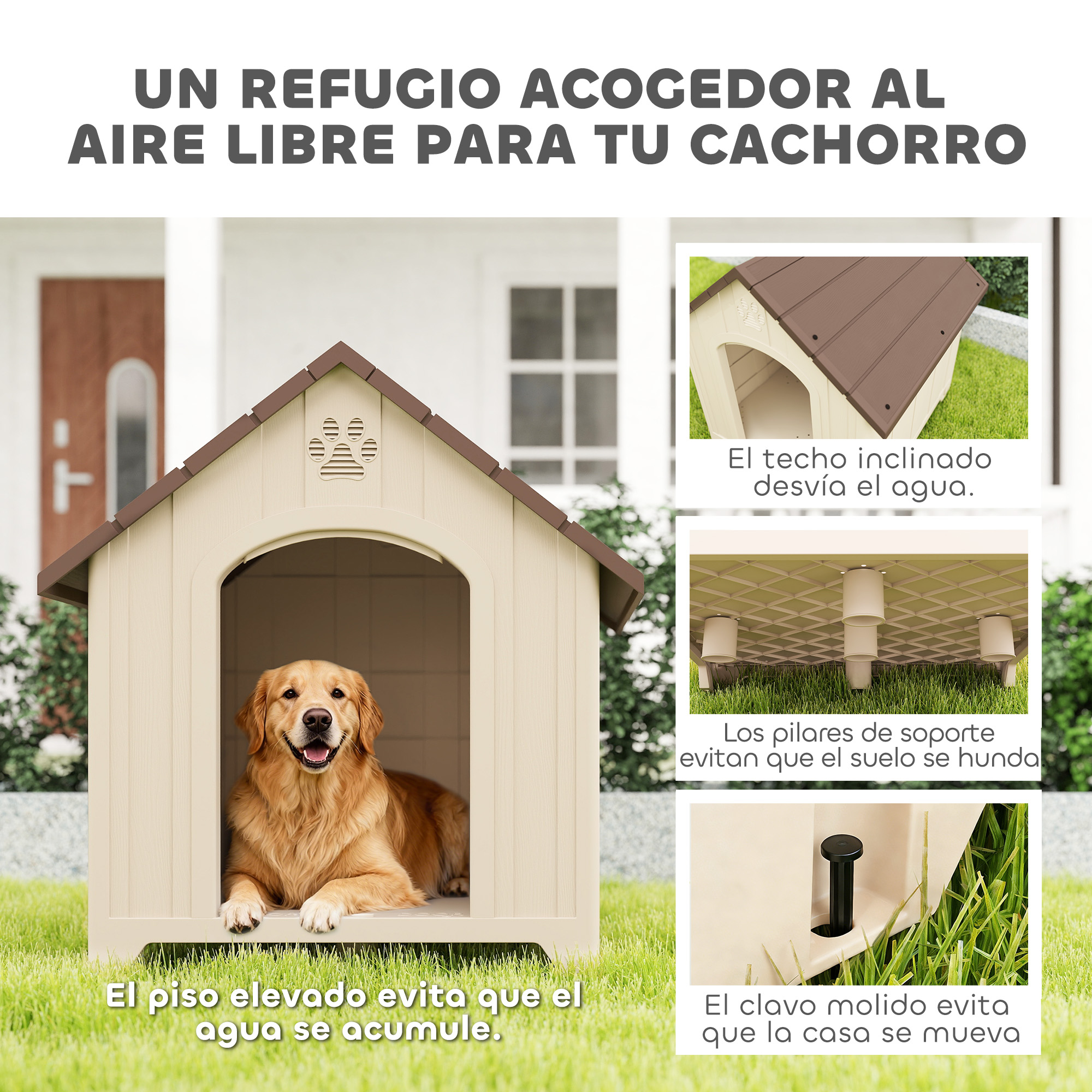 Un perro feliz en una caseta de perro beige y marrón con suelo elevado.