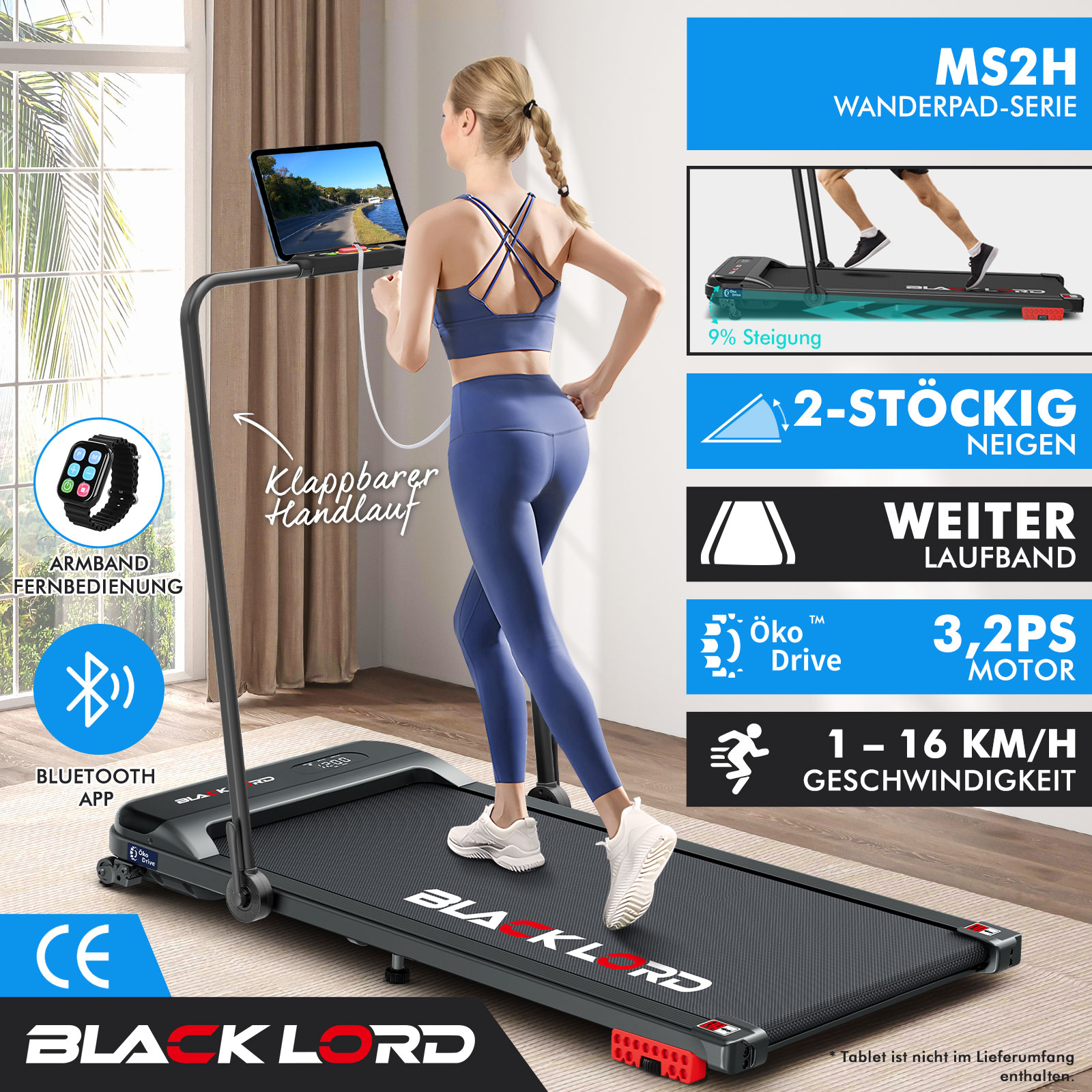 Eine Frau in blauer Sportkleidung läuft auf einem schwarzen Blacklord Laufband in einem hellen Raum.